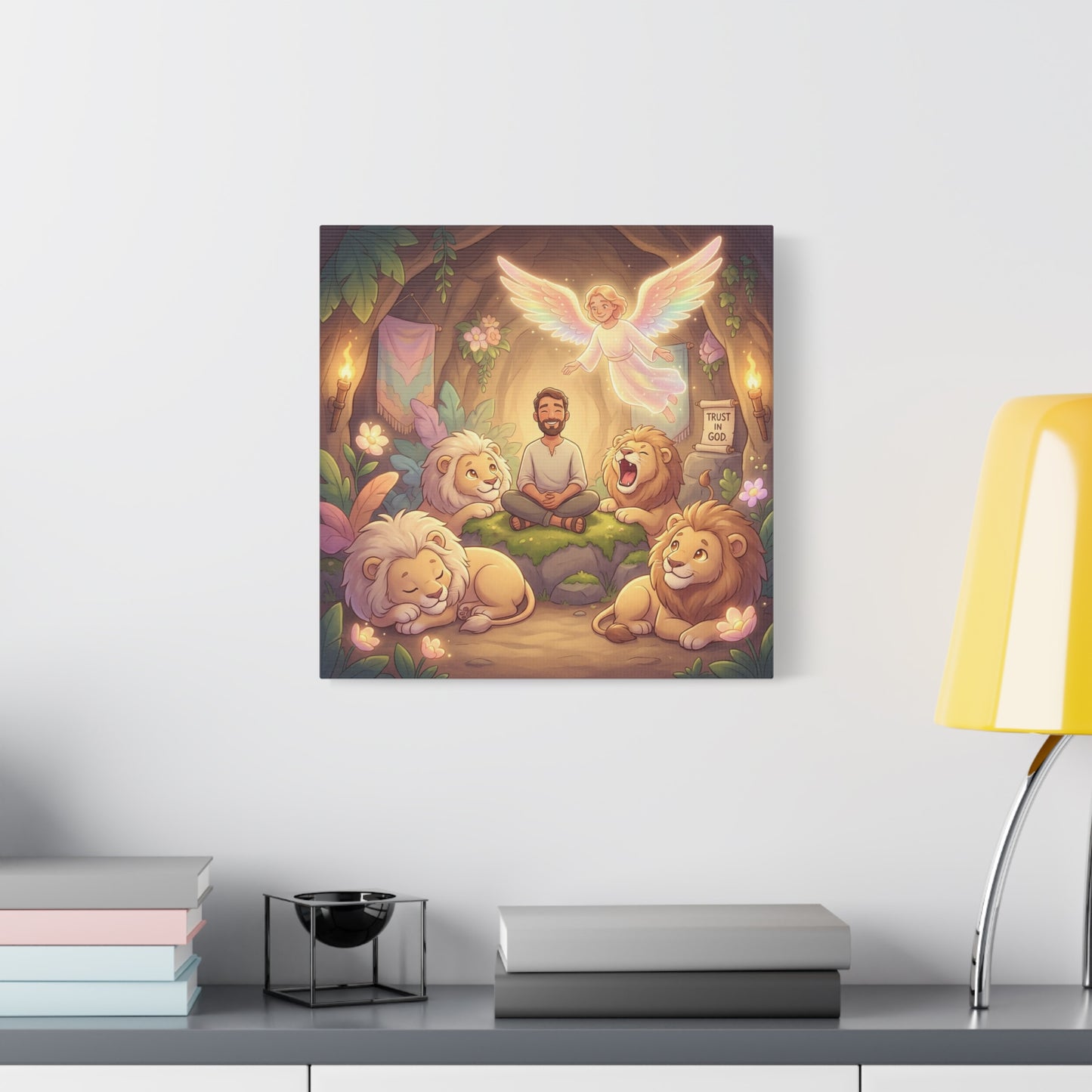 "Trust In God" Christian Canvas Wall Art - Angel, Man With Lions Cave Scene - Pastel Nursery Decor, Matte Cotton Print - Kids Bedroom Wall Decor, Playroom Home Decoration - Ready to Hang