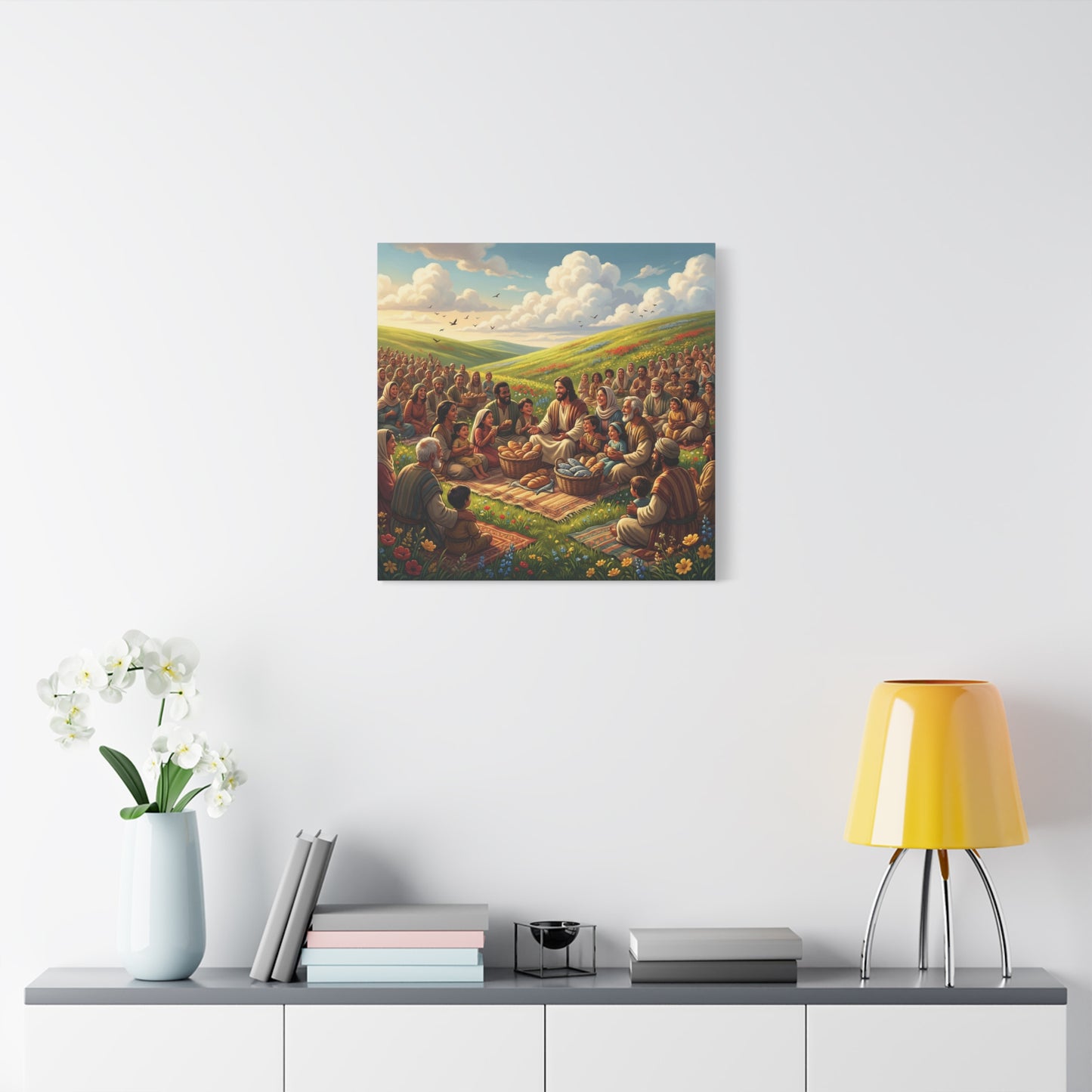 Jesus Feeding The Multitude Canvas Wall Art - Bread And Fish Biblical Scene - Meadow Landscape Christian Home Decor - Matte Cotton Print For Living Room, Bedroom, Office, Meditation Space