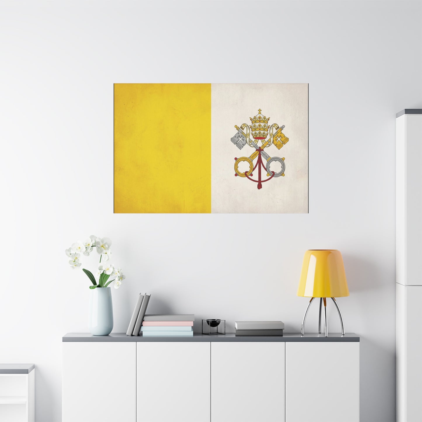 Vatican Flag Canvas Wall Art - Papal Keys And Tiara Catholic Wall Decor - Yellow White Heraldic Print - Traditional Religious Style - Bedroom Home Decoration - Bedroom Home Decoration - Ready to Hang