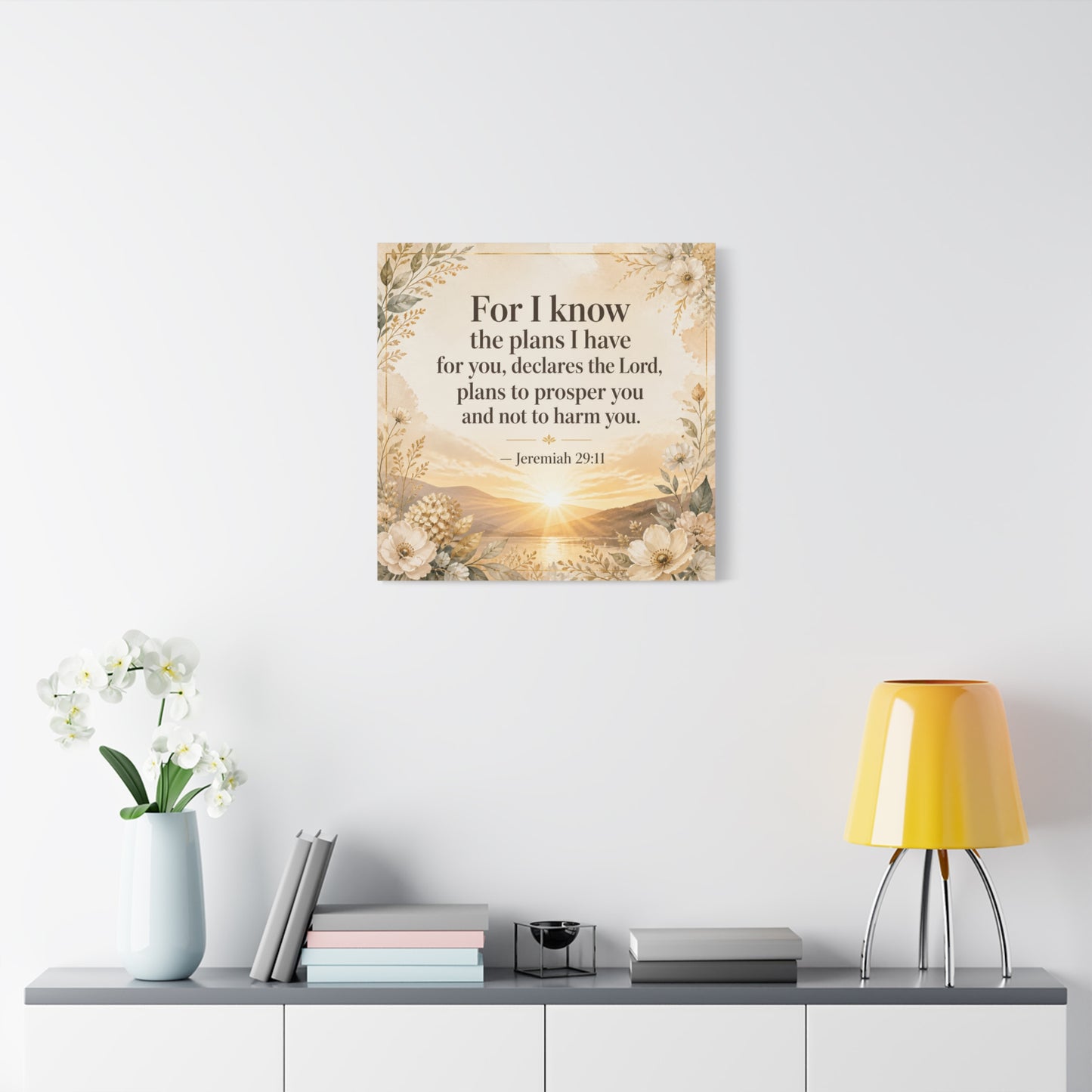 "For I Know The Plans I Have For You" Bible Verse Canvas Wall Art - Jeremiah 29:11 Floral Scripture Print, Gold Sunrise Landscape, Christian Wall Decor For Bedroom, Living Room - Ready to Hang