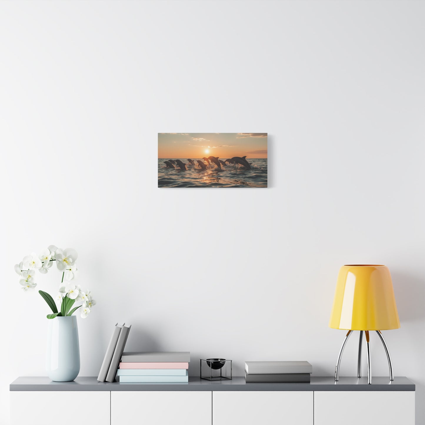 Dolphin Sunset Canvas Wall Art - Ocean Wildlife Art Print, Golden Seascape, Coastal Living Room Wall Decor, Bedroom Home Decoration, Ready to Hang Matte Canvas - Bedroom Home Decoration