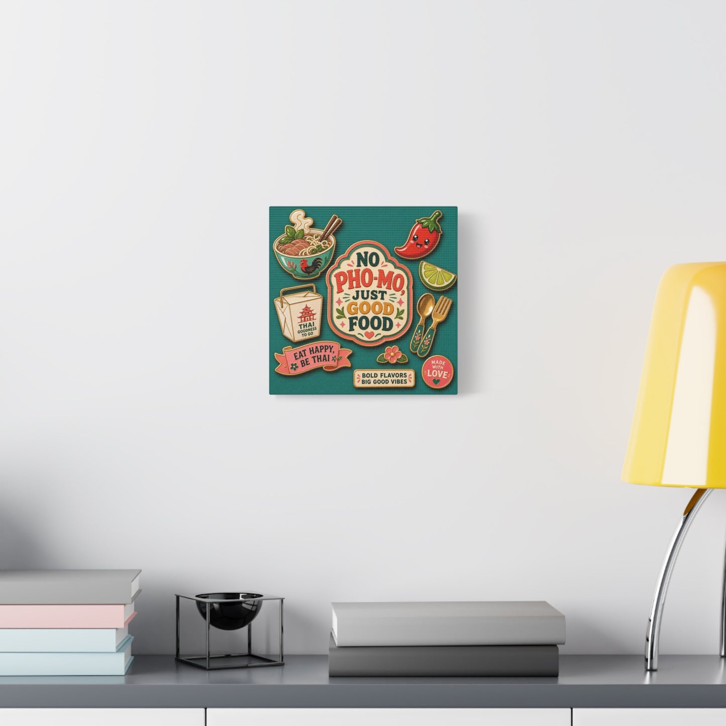 "No Pho-Mo Just Good Food" Canvas Wall Art - Thai Food Quote Kitchen Decor - Colorful Illustration Print, Retro Typography Style - Dining Room Accent, Cafe Wall Decor - Bedroom Home Decoration