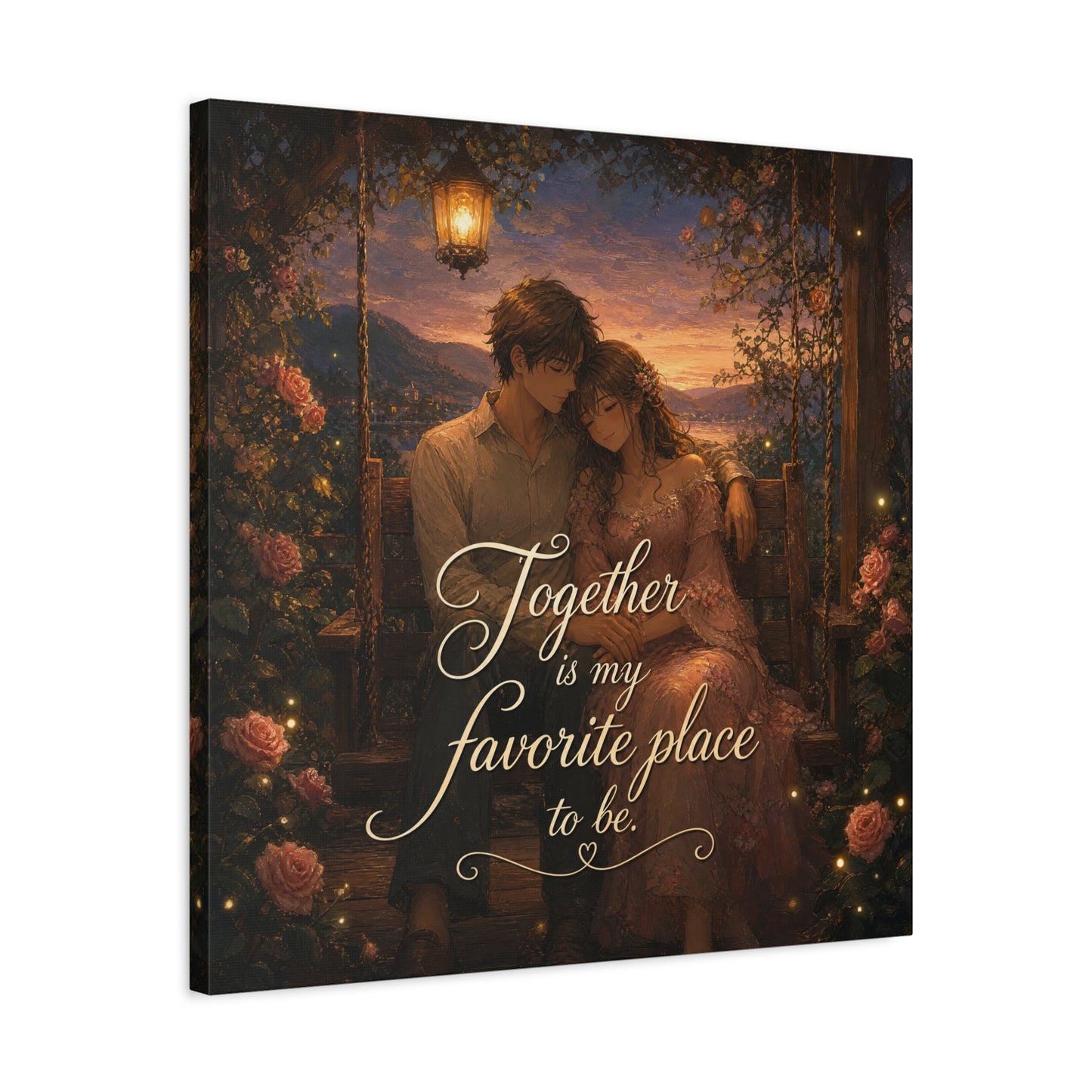 "Together Is My Favorite Place To Be" Romantic Couple Canvas Wall Art - Lantern Swing Sunset Lake Scene, Floral Garden Love Quote Print - Vintage Bedroom Decor - Office Wall Art - Ready to Hang