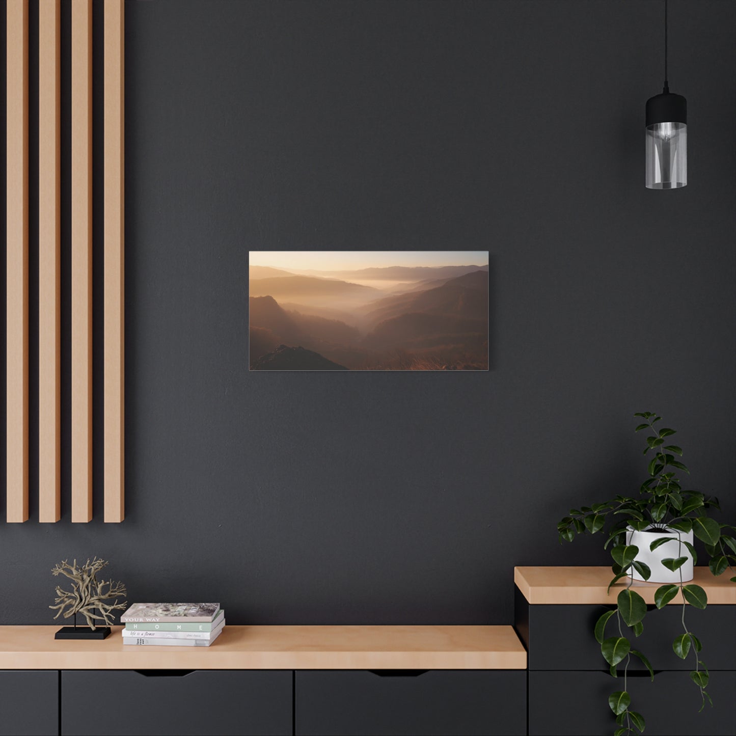 Golden Mist Mountain Valley Canvas Wall Art - Serene Landscape Art Print, Warm Dawn Light - Minimalist Nature Decor - Living Room Wall Decor, Bedroom Home Decoration - Bedroom Home Decoration