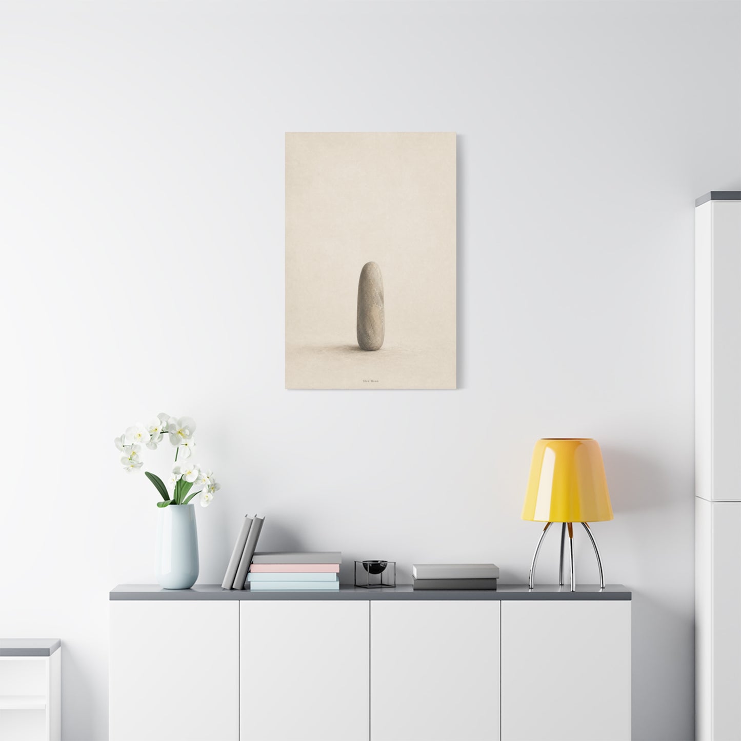"Slow Down" Minimalist Stone Canvas Wall Art - Neutral Zen Still Life Decor - Contemporary Beige Meditation Print - Bedroom Living Room Decoration - Living Room Wall Decor - Bedroom Home Decoration