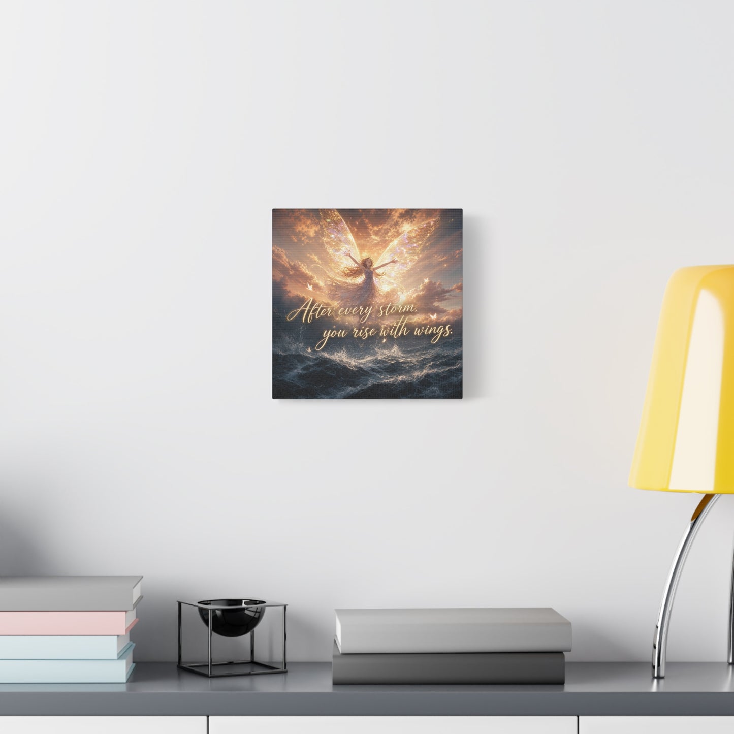 "After Every Storm, You Rise With Wings." Fairy Canvas Wall Art - Inspirational Ocean Sky Quote Print - Golden Ethereal Fantasy Decor - Bedroom Wall Hanging, Living Room Accent - Ready to Hang