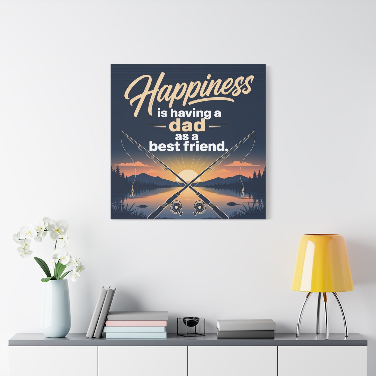 "Happiness Is Having A Dad As A Friend" Fishing Canvas Wall Art - Sunset Lake Quote Print - Rustic Typography Decor - Bedroom Home Decoration - Bedroom Home Decoration - Living Room Wall Decor
