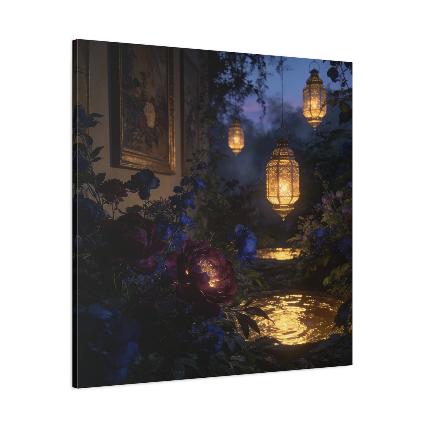 Lantern Garden Canvas Wall Art - Twilight Floral Courtyard, Glowing Water Reflections - Moody Botanical Night Scene, Matte Canvas Print - Bedroom Wall Decor, Living Room Accent - Cozy Reading Nook Art