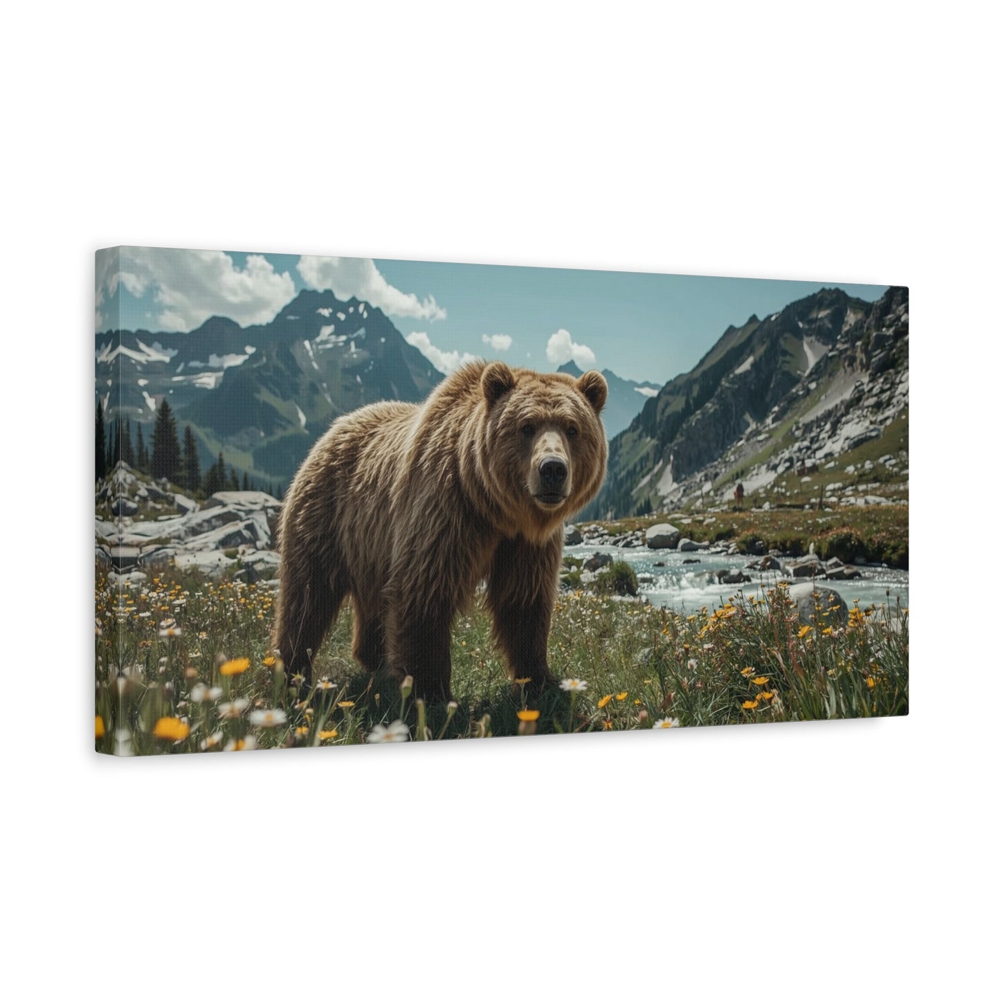 Grizzly Bear Canvas Wall Art - Alpine Mountain Meadow Wildlife Art Print - Rustic Nature Decor, Cotton Canvas - Living Room Wall Decor, Lodge Bedroom Home Decoration - Bedroom Home Decoration