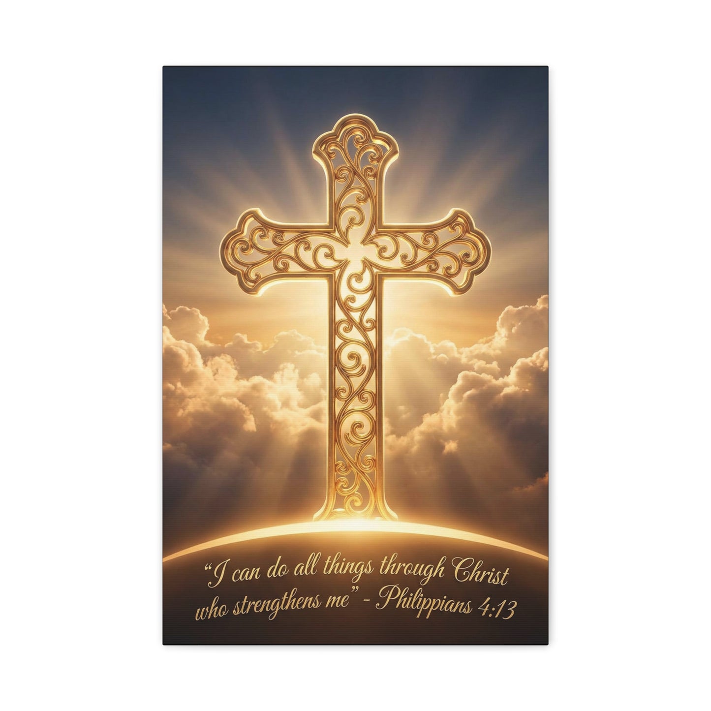 "I Can Do All Things Through Christ Who Strengthens Me" Cross Canvas Wall Art - Philippians 4:13 Scripture Decor, Golden Clouds Christian Wall Hanging, Bedroom Living Room - Bedroom Home Decoration