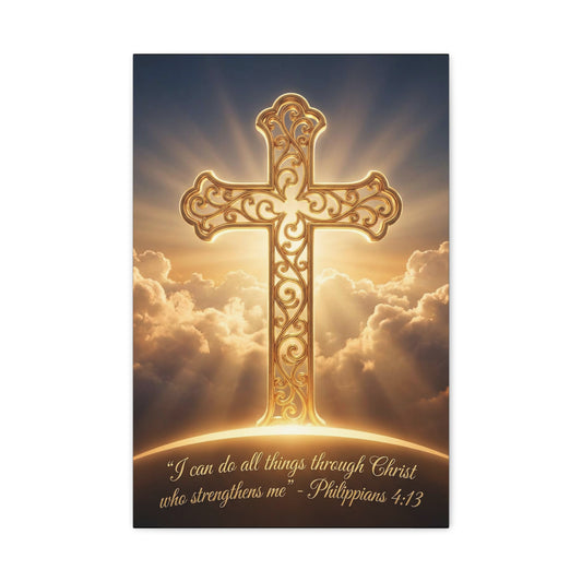 "I Can Do All Things Through Christ Who Strengthens Me" Cross Canvas Wall Art - Philippians 4:13 Scripture Decor, Golden Clouds Christian Wall Hanging, Bedroom Living Room - Bedroom Home Decoration