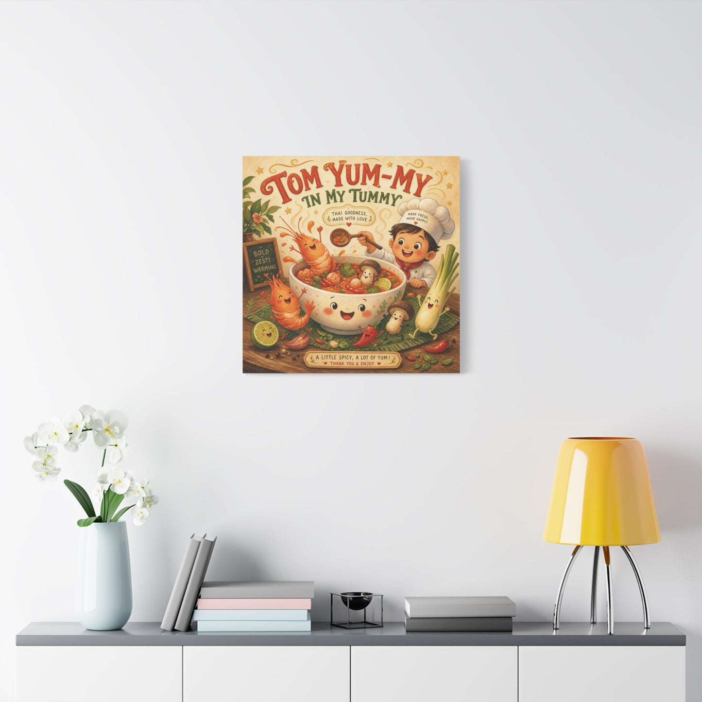 "Tom Yum-My In My Tummy" Canvas Wall Art - Cute Thai Soup Chef Illustration, Whimsical Kitchen Decor - Matte Cotton Canvas Print - Vintage Style Dining Room Wall Decor - Bedroom Home Decoration