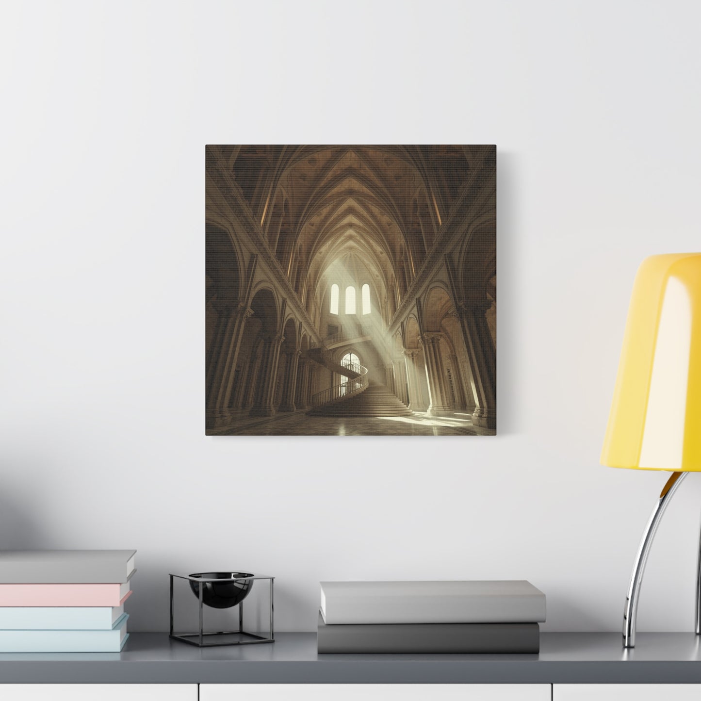 Gothic Cathedral Interior Canvas Wall Art - Sunlit Spiral Staircase, Religious Architecture Print - Matte Cotton Canvas - Traditional Style - Living Room Wall Decor, Office Art - Ready to Hang