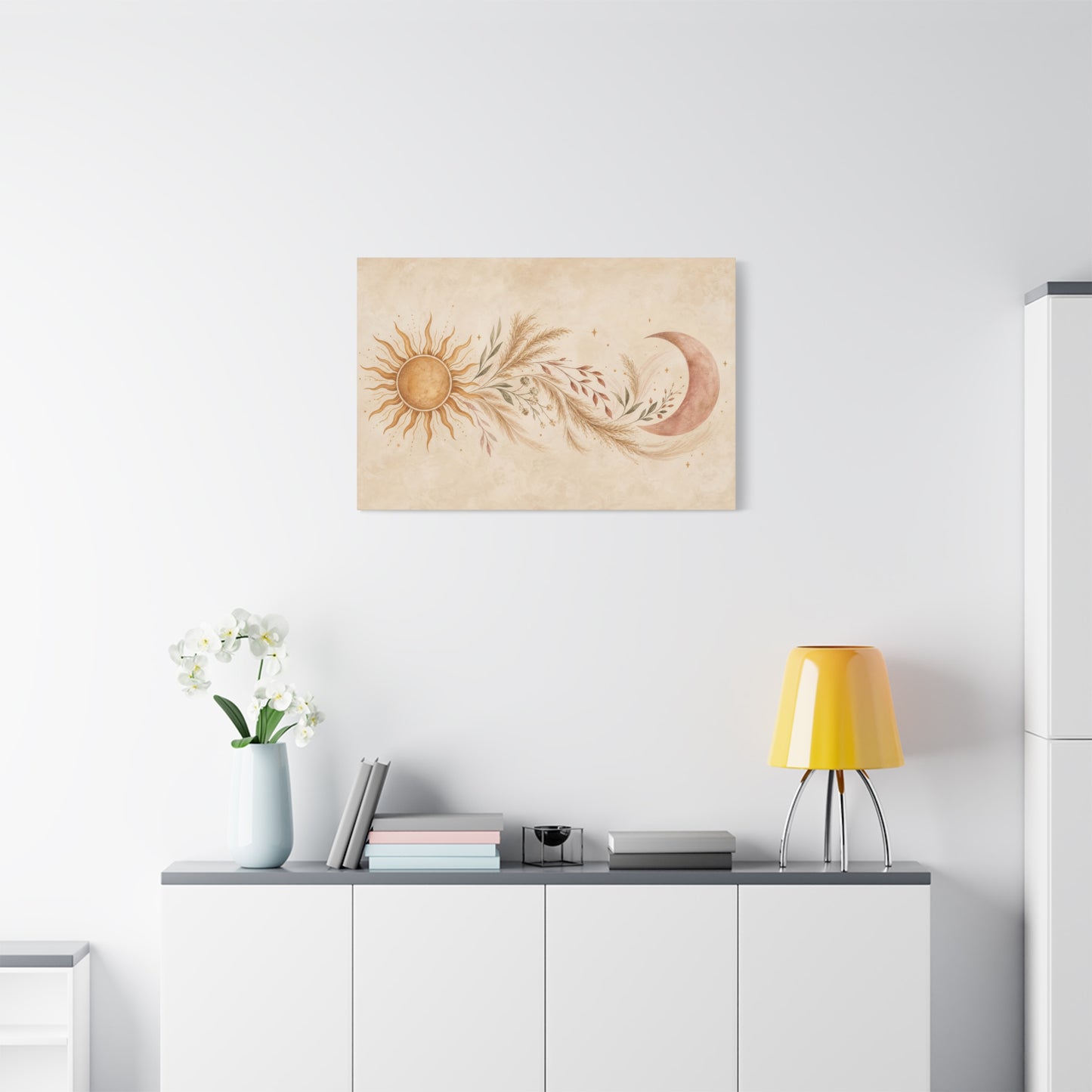Boho Sun And Moon Canvas Wall Art - Celestial Botanical Pampas Grass Print - Neutral Beige Terracotta Modern Bohemian Decor - Bedroom Living Room Wall Decor - Meditation Space Accent - Ready to Hang