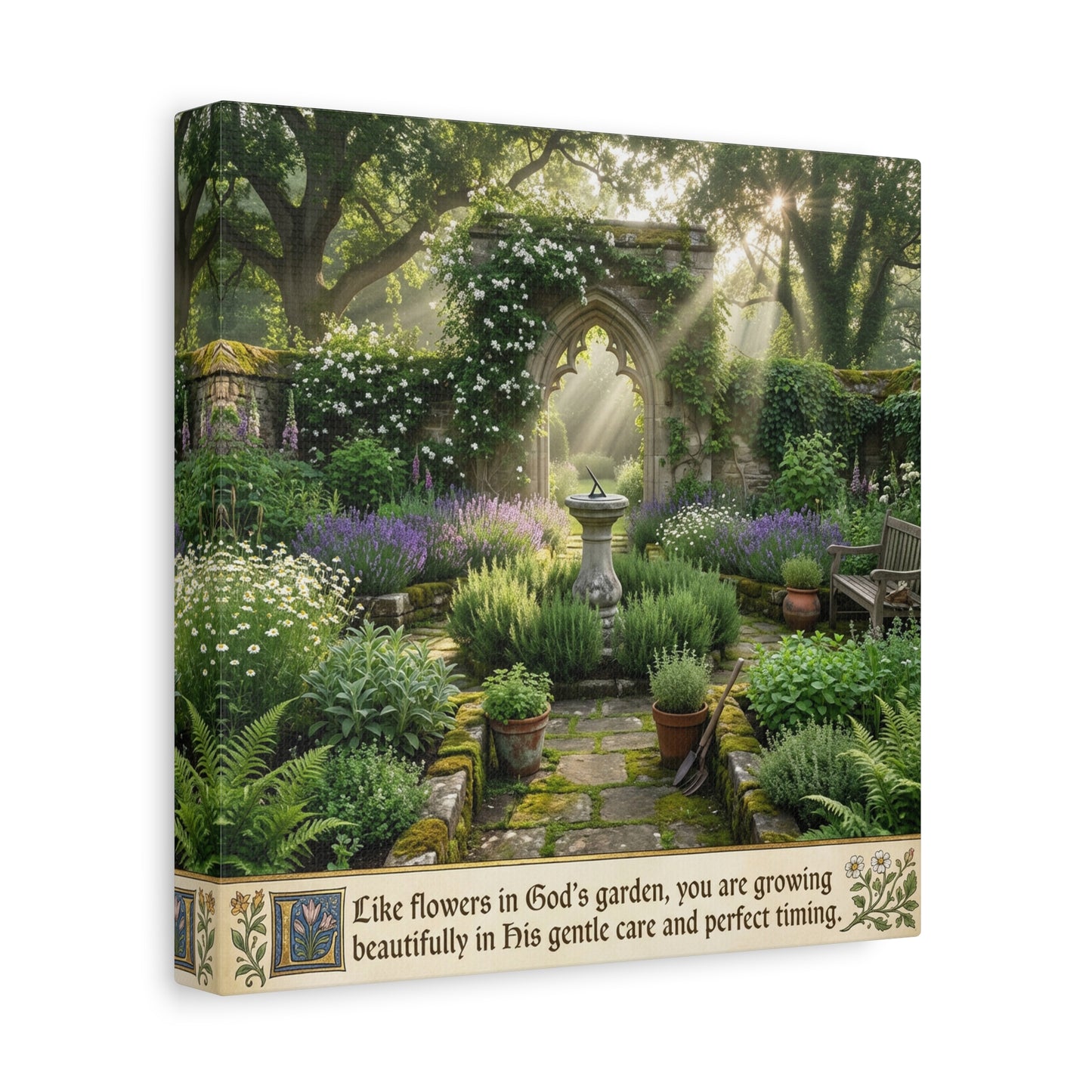 "Like Flowers In God's Garden, You Are Growing Beautifully In His Gentle Care And Divine Timing" Canvas Wall Art - Sunlit Garden Arch, Botanical Landscape Print - Living Room Decor - Office Wall Art