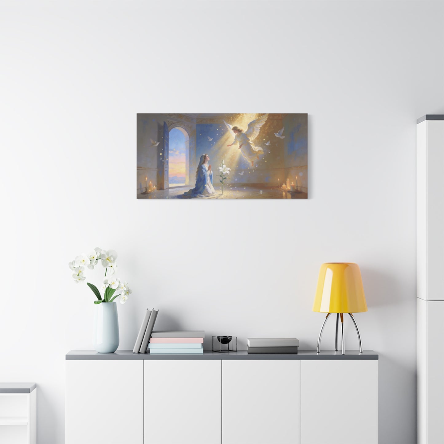 Virgin Mary Angel Canvas Wall Art - Annunciation Religious Print, White Lily, Doves, Golden Light - Traditional Matte Canvas - Bedroom Christian Wall Decor, Meditation Space - Bedroom Home Decoration
