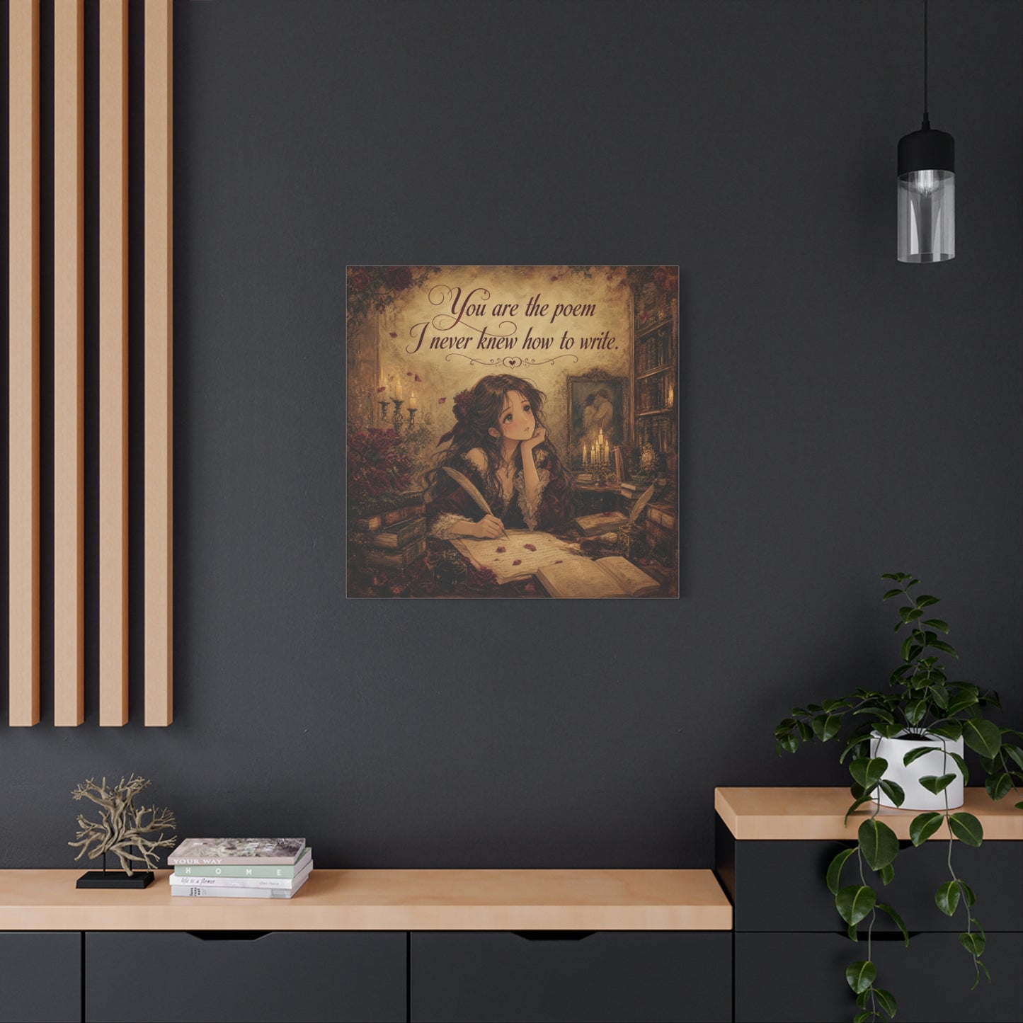 "You Are The Poem I Never Knew How To Write" Quote Canvas Wall Art - Romantic Gothic Library Girl Illustration - Vintage Brown Decor - Bedroom Wall Hanging, Teenager Room Decor - Ready to Hang