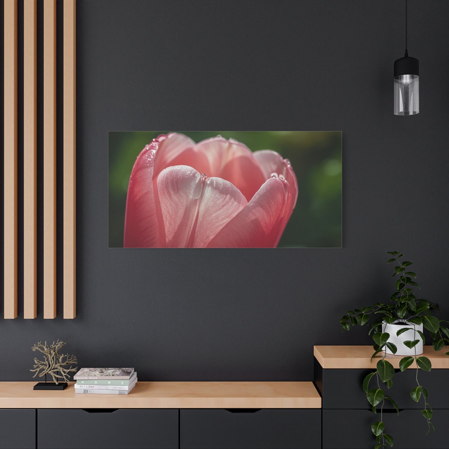 Pink Tulip Canvas Wall Art - Macro Floral Art Print, Dew Drop Petals - Matte Botanical Print - Contemporary Nature Style - Bedroom Wall Decor, Bathroom Home Accent - Bedroom Home Decoration