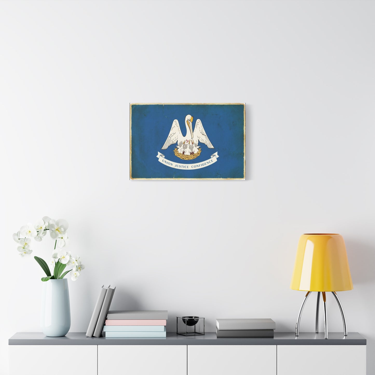 "Union Justice Confidence" Louisiana State Flag Canvas Wall Art - Vintage Pelican Crest Print, Distressed Blue Banner, Patriotic Traditional Decor - Living Room Office Wall Decor - Ready to Hang