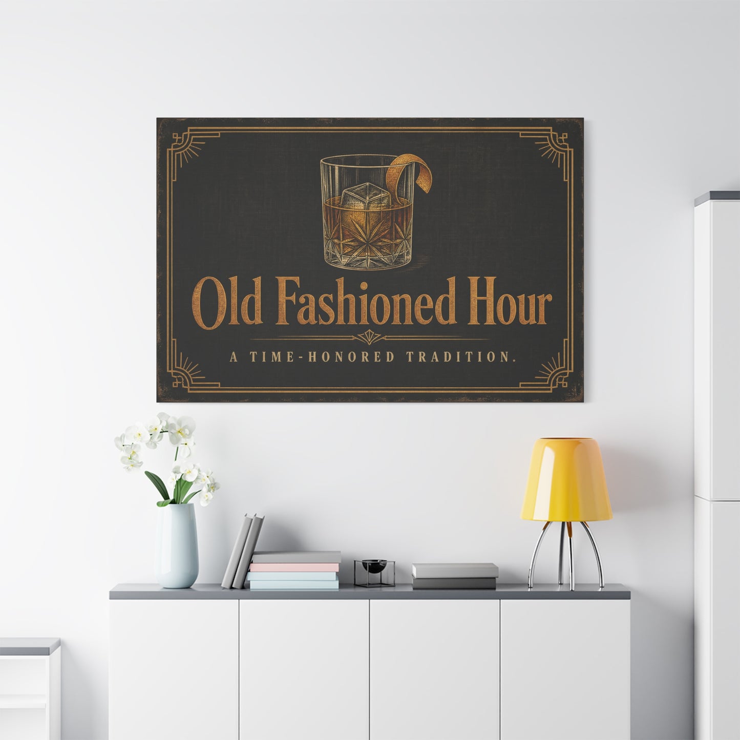"Old Fashioned Hour" Canvas Wall Art - Vintage Whiskey Glass Quote Print, Art Deco Bar Cart Decor - Matte Cotton Wall Hanging - Speakeasy Lounge Style, Home Bar - Ready to Hang - Cocktail Lounge Decor