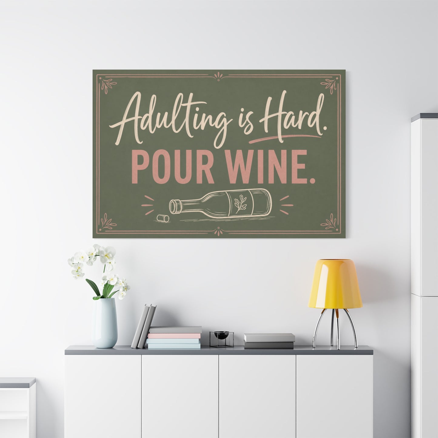 "Adulting Is Hard. Pour Wine." Funny Quote Canvas Wall Art - Sage Green Pink Typography Wine Bottle Print - Rustic Modern Wall Decor For Bar Cart - Ready to Hang - Cocktail Lounge Decor