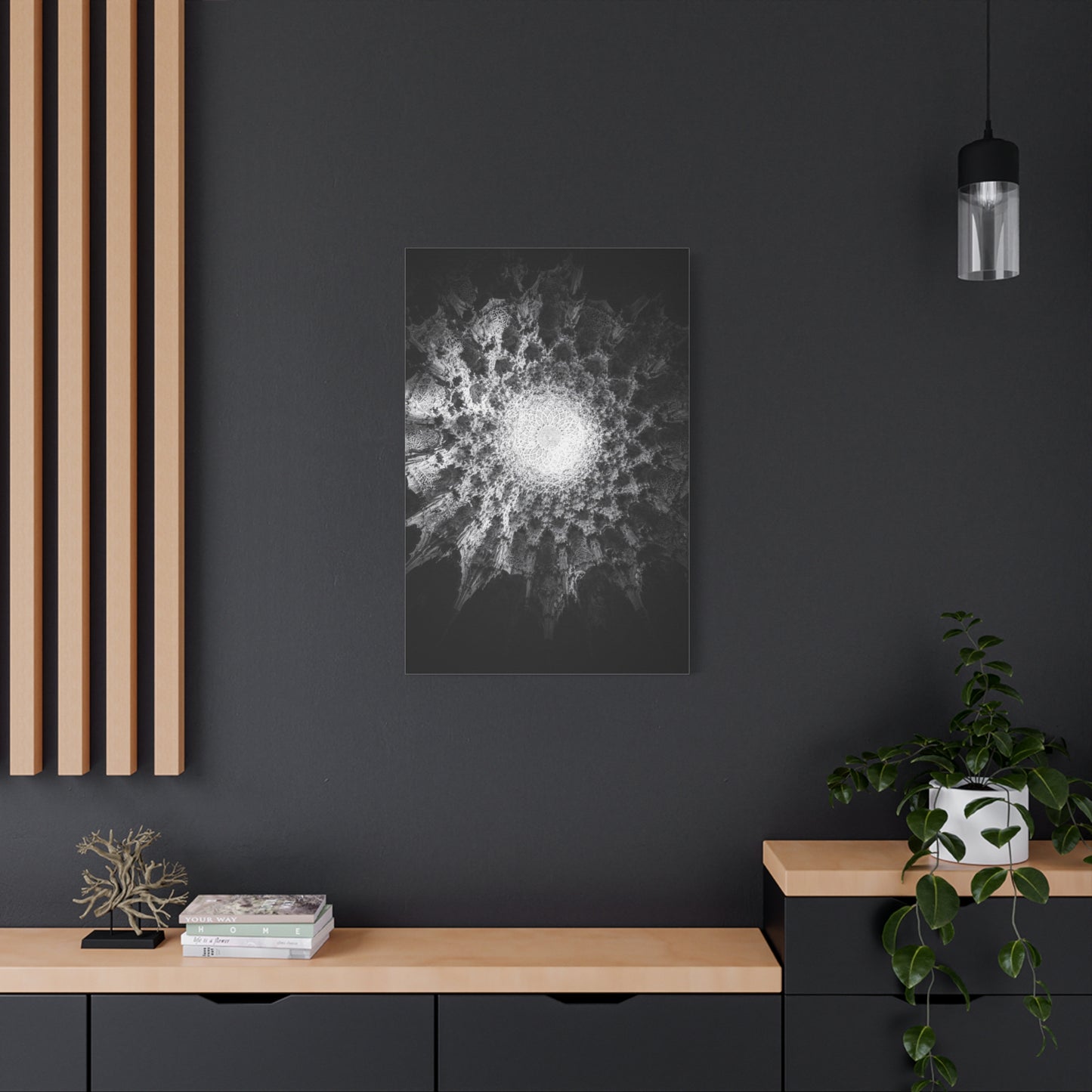 Abstract Black White Canvas Wall Art - Monochrome Fractal Mandala Design, Architectural Spiral Light - Matte Cotton Art Print - Contemporary Decor For Living Room, Bedroom, Office Accent