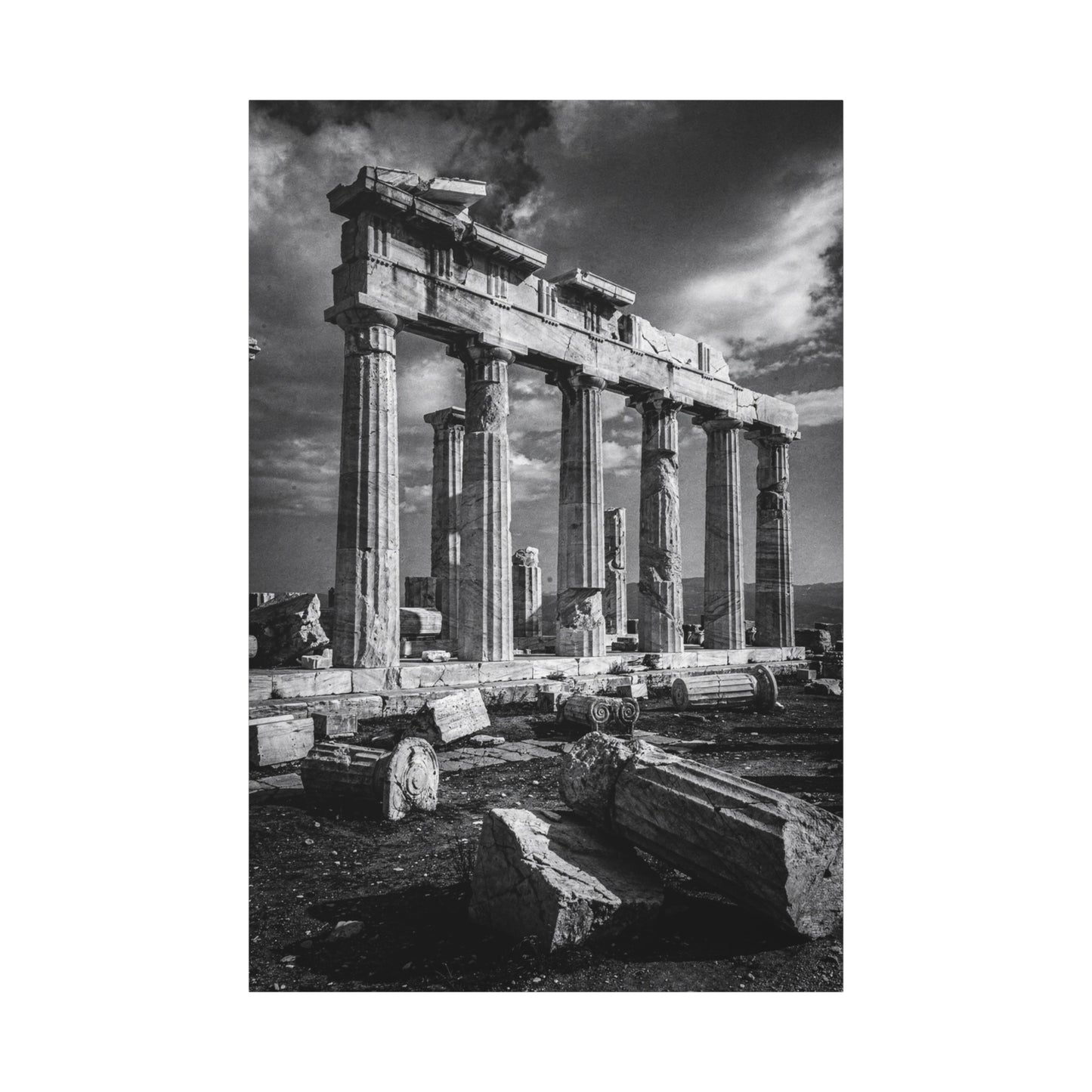 Ancient Greek Temple Ruins Canvas Wall Art - Black And White Architectural Art Print, Dramatic Sky, Vintage Classical Style - Living Room Wall Decor, Office Art Accent - Modern Farmhouse Style