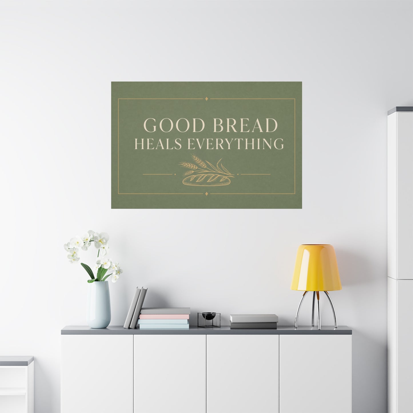 "Good Bread Heals Everything" Canvas Wall Art - Vintage Bread Quote Print, Sage Green Typography, Rustic Farmhouse Style - Ready to Hang - Deli Wall Decor - Sandwich Shop Sign - Diner Decor
