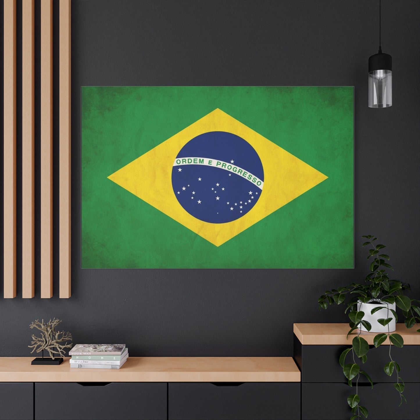 "Ordem E Progresso" Brazil Flag Canvas Wall Art - Brazilian Flag Wall Decor, Vintage National Pride Print - Green Yellow Blue Typography Style - Living Room Bedroom Office Decoration - Ready to Hang