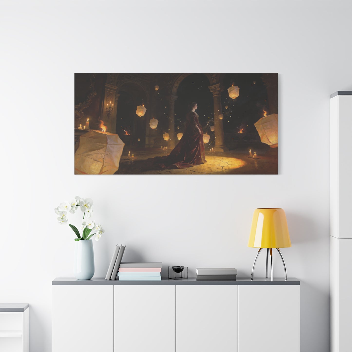 Woman In Candlelit Palace Canvas Wall Art - Floating Lantern Fantasy Scene, Dark Romantic Matte Canvas Print - Traditional Style, Living Room Wall Decor, Bedroom Home Accent - Bedroom Home Decoration