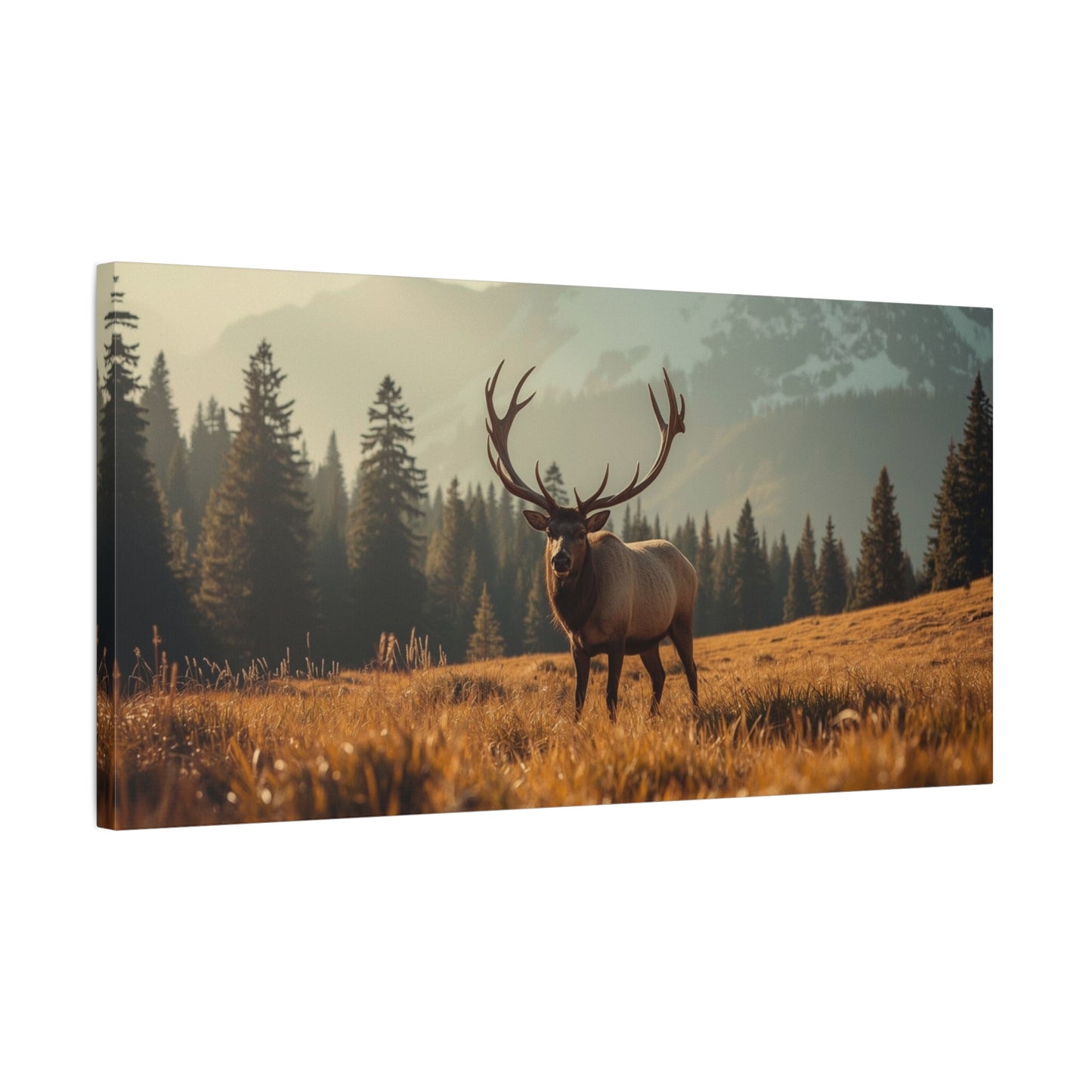 Bull Elk Canvas Wall Art - Mountain Meadow Wildlife Landscape, Golden Light Cotton Print - Rustic Nature Style, Living Room Wall Decor, Lodge Bedroom Home Decoration - Bedroom Home Decoration