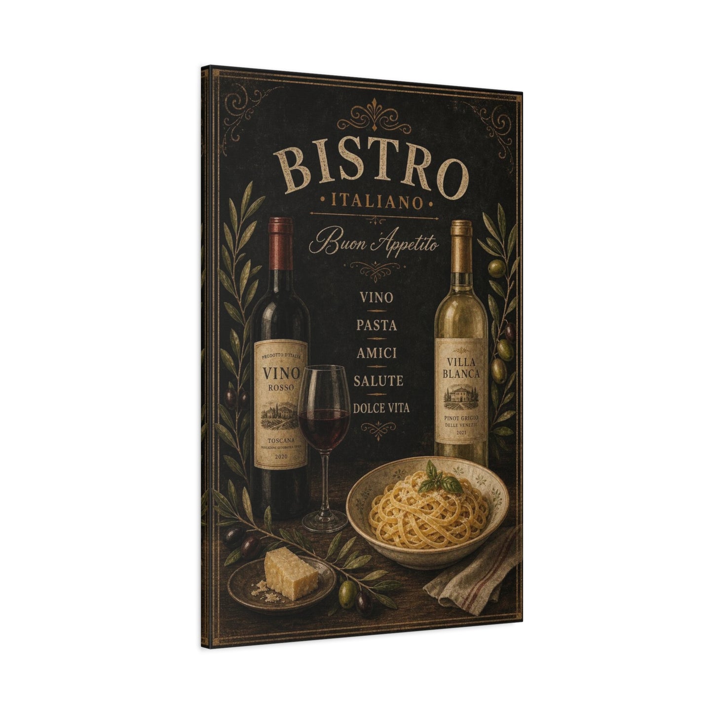 "Bistro Italiano Buon Appetito" Canvas Wall Art - Wine Bottles, Pasta, Olives - Vintage Italian Kitchen Decor - Rustic Farmhouse Style - Dining Room Accent, Cafe Wall Decor - Bedroom Home Decoration