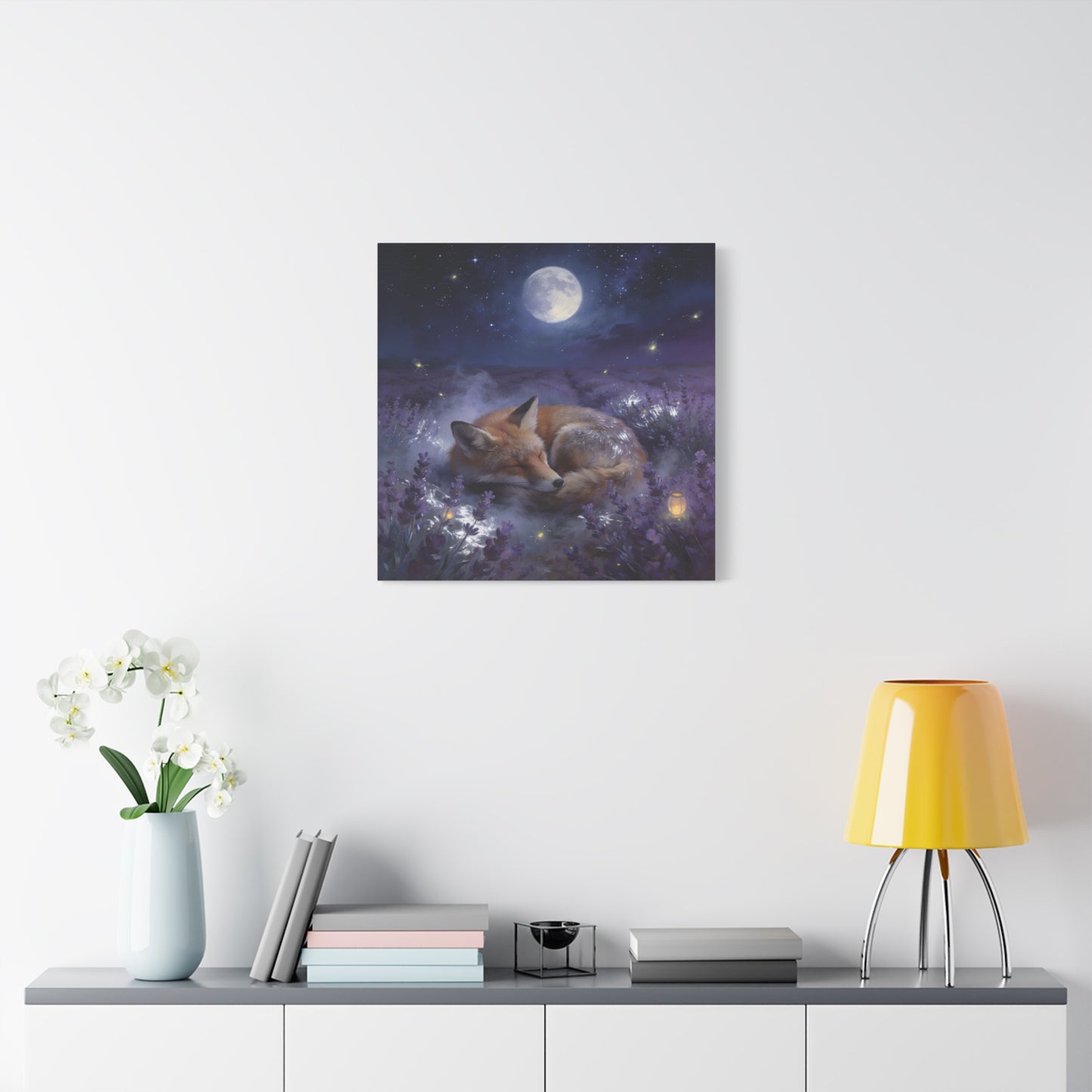 Sleeping Red Fox Canvas Wall Art - Moonlit Lavender Field, Fireflies, Starry Night Sky - Dreamy Woodland Animal Print - Matte Finish Canvas - Bedroom Wall Decor, Nursery Accent - Cozy Reading Nook Art