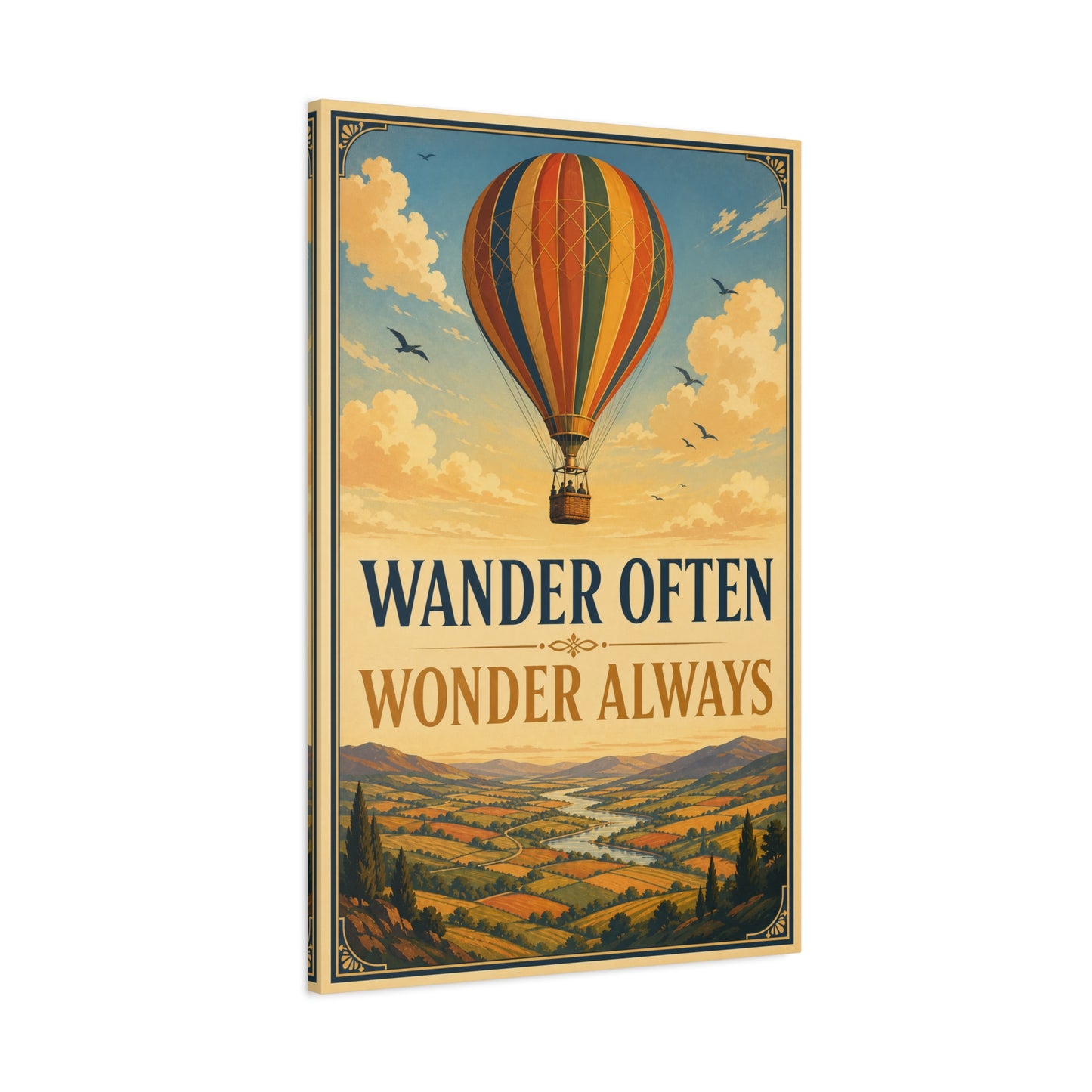 "Wander Often Wonder Always" Hot Air Balloon Canvas Wall Art - Vintage Travel Landscape Quote Print, Retro Sky Poster Style, Living Room Wall Decor - Ready to Hang - Bedroom Home Decoration