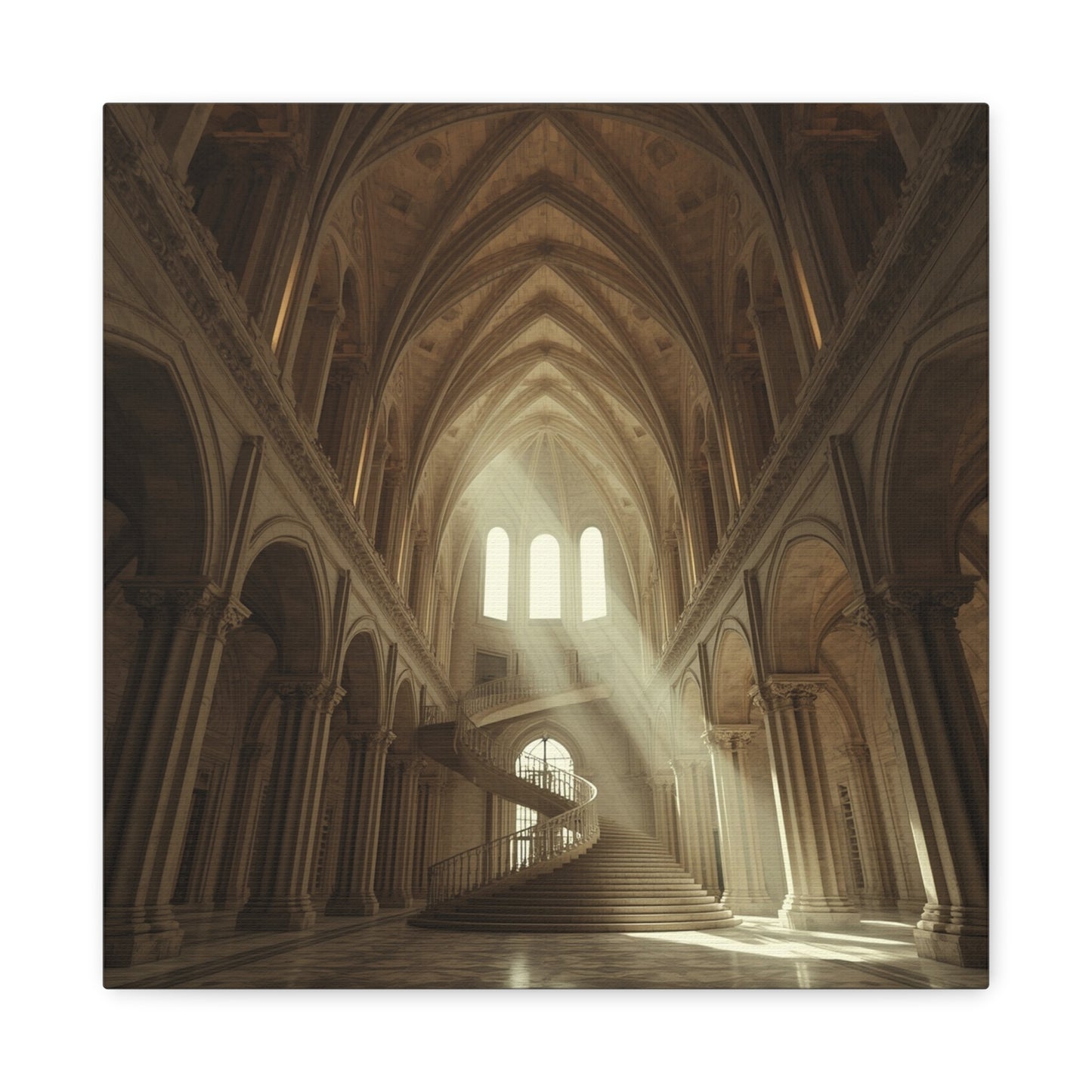 Gothic Cathedral Interior Canvas Wall Art - Sunlit Spiral Staircase, Religious Architecture Print - Matte Cotton Canvas - Traditional Style - Living Room Wall Decor, Office Art - Ready to Hang