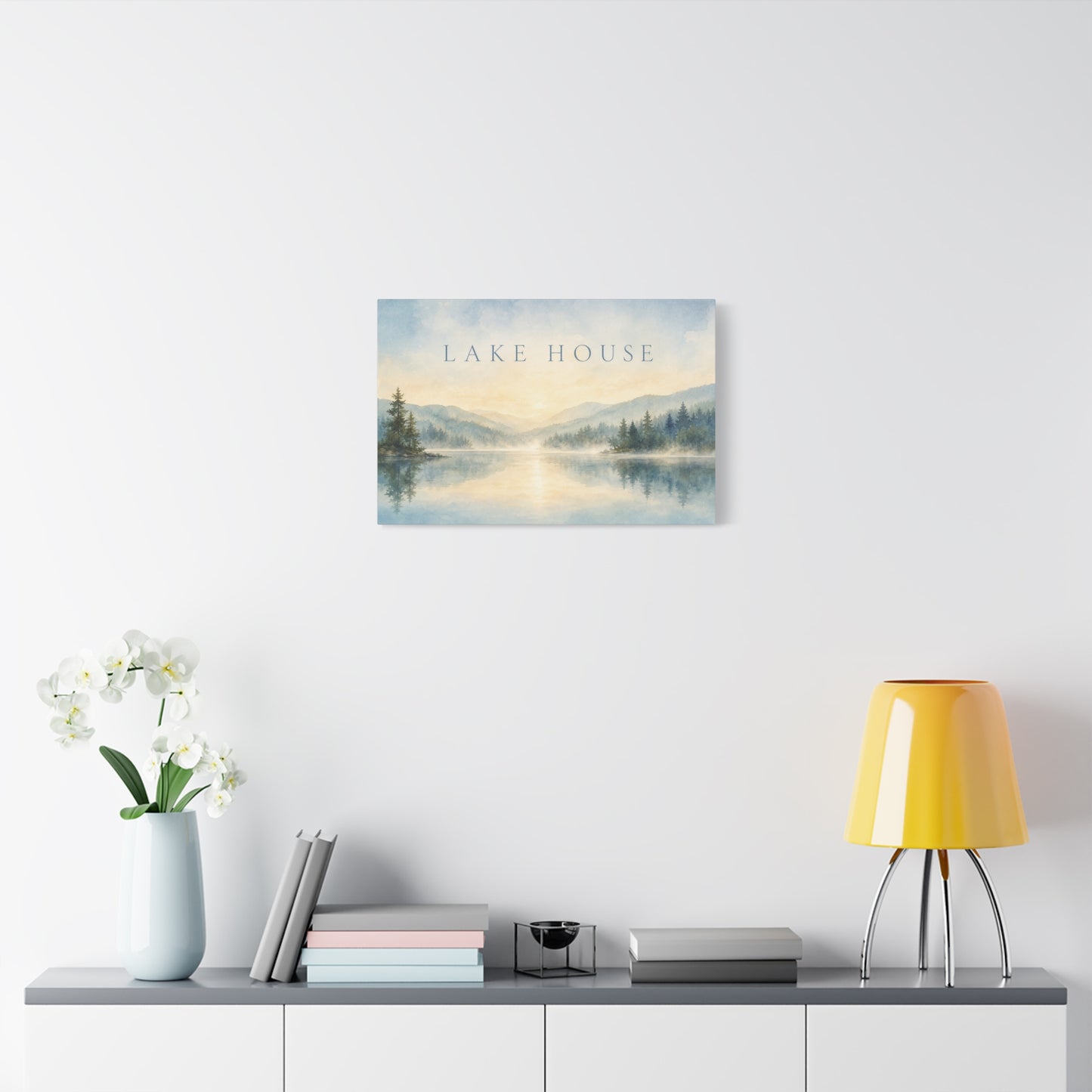 "Lake House" Canvas Wall Art - Misty Mountain Watercolor Landscape Print, Serene Cabin Decor, Rustic Retreat Wall Hanging, Bedroom Home Decoration, Entryway Accent, Vacation Rental Style