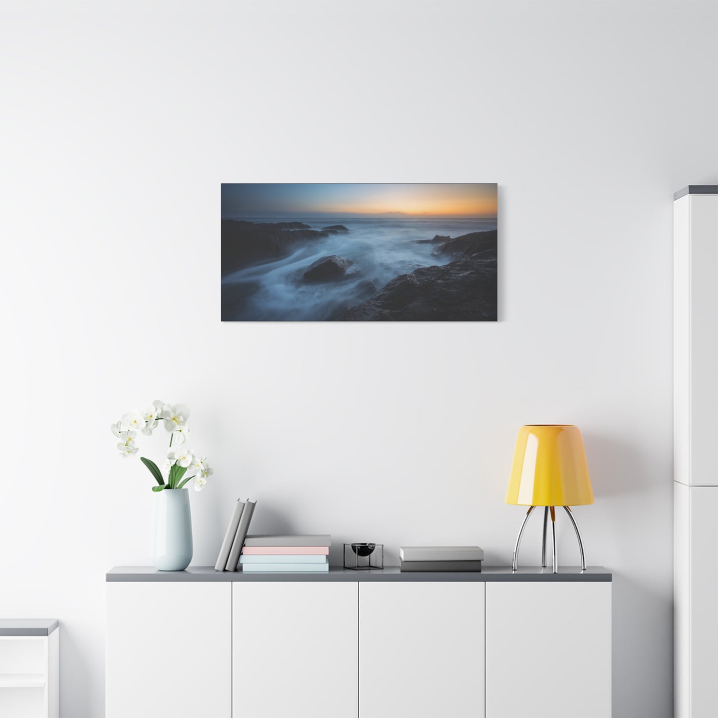 Rocky Ocean Seascape Canvas Wall Art - Long Exposure Coastal Sunset Art Print, Blue Water And Dark Stone Shoreline - Contemporary Matte Canvas Print - Living Room Bedroom Office Decor
