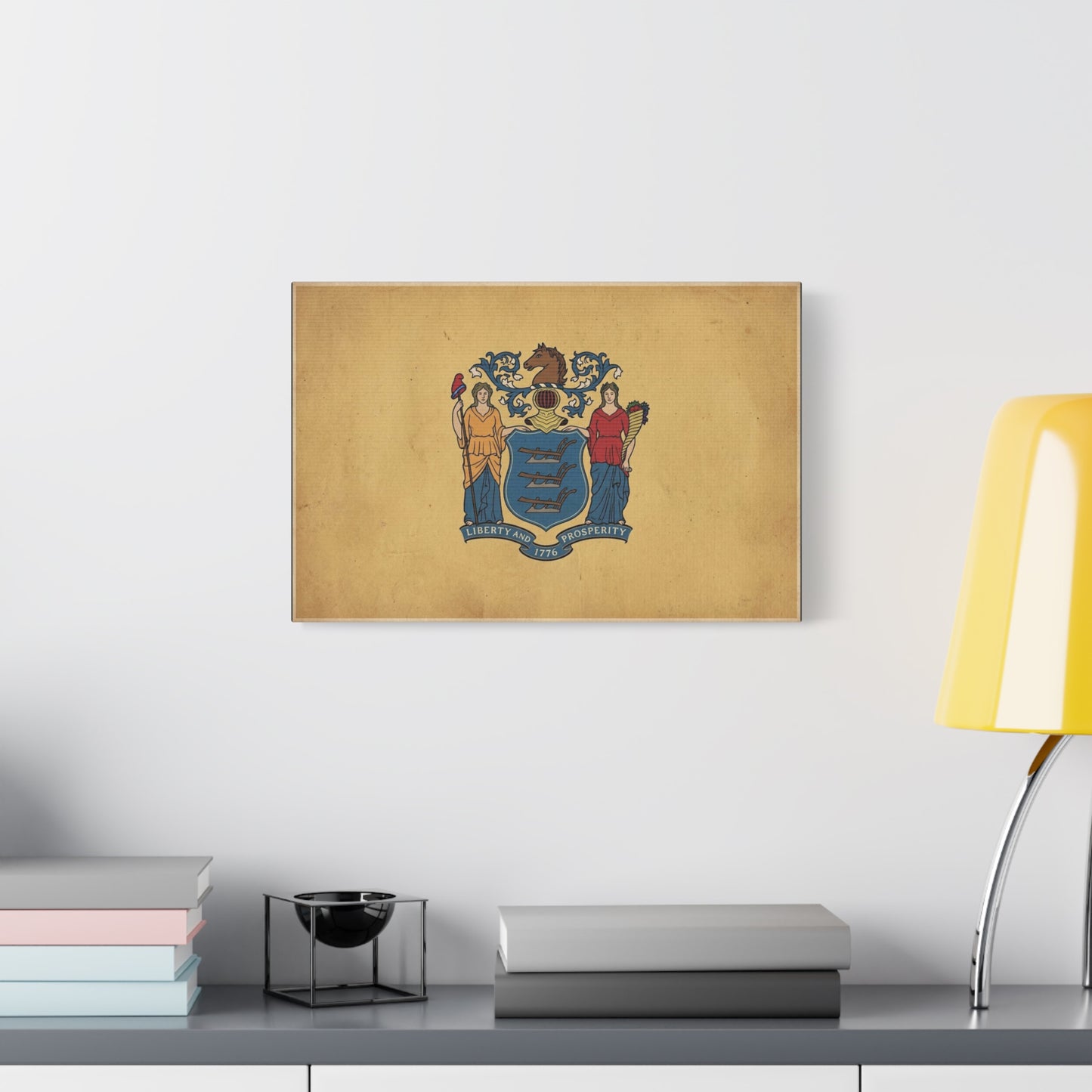 "Liberty And Prosperity 1776" New Jersey State Flag Canvas Wall Art - Vintage Tan Crest Banner Print, Patriotic Heritage Decor - Office Wall Art