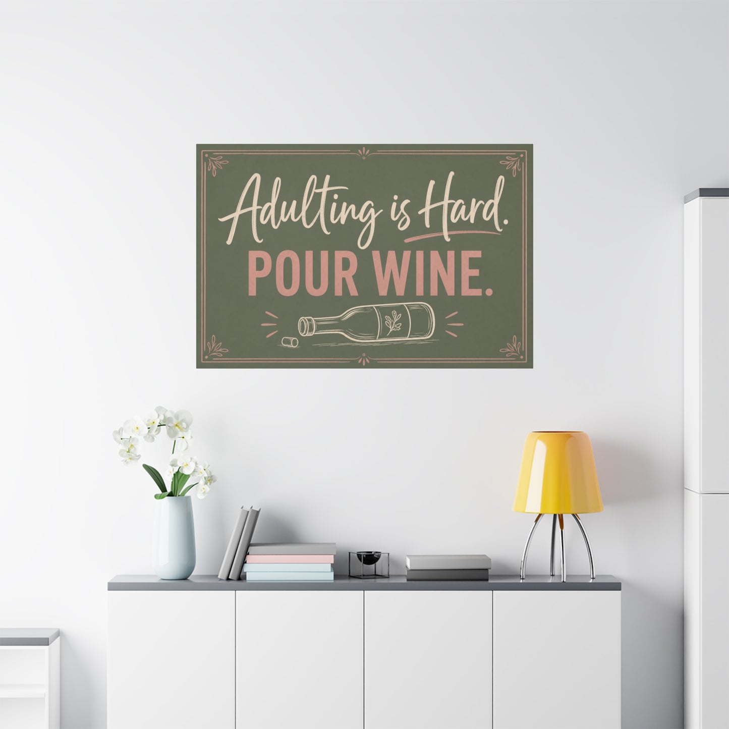 "Adulting Is Hard. Pour Wine." Funny Quote Canvas Wall Art - Sage Green Pink Typography Wine Bottle Print - Rustic Modern Wall Decor For Bar Cart - Ready to Hang - Cocktail Lounge Decor