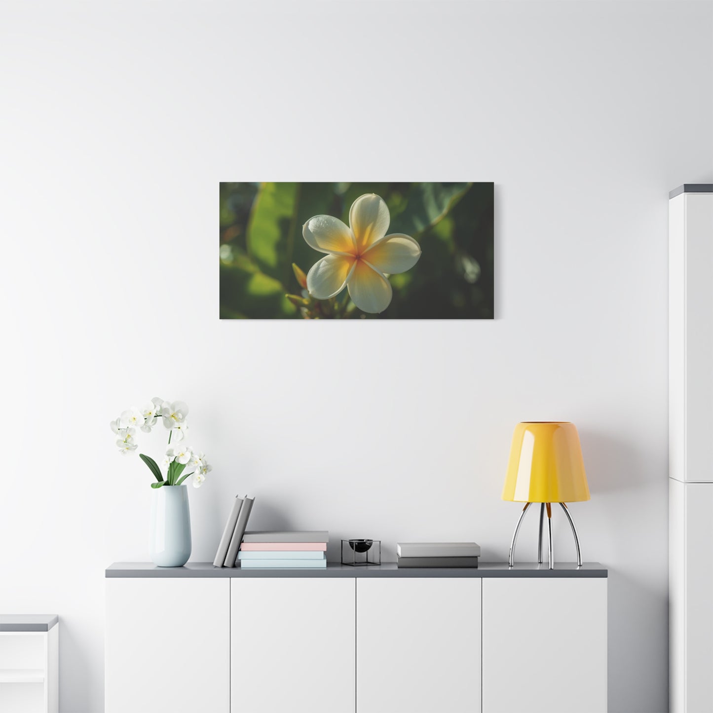 Plumeria Flower Canvas Wall Art - Tropical Floral Art Print, Soft Golden Light - Matte Cotton Art Print - Coastal Style, Bedroom Decoration, Bathroom Accent, Spa Inspired Decor - Ready to Hang