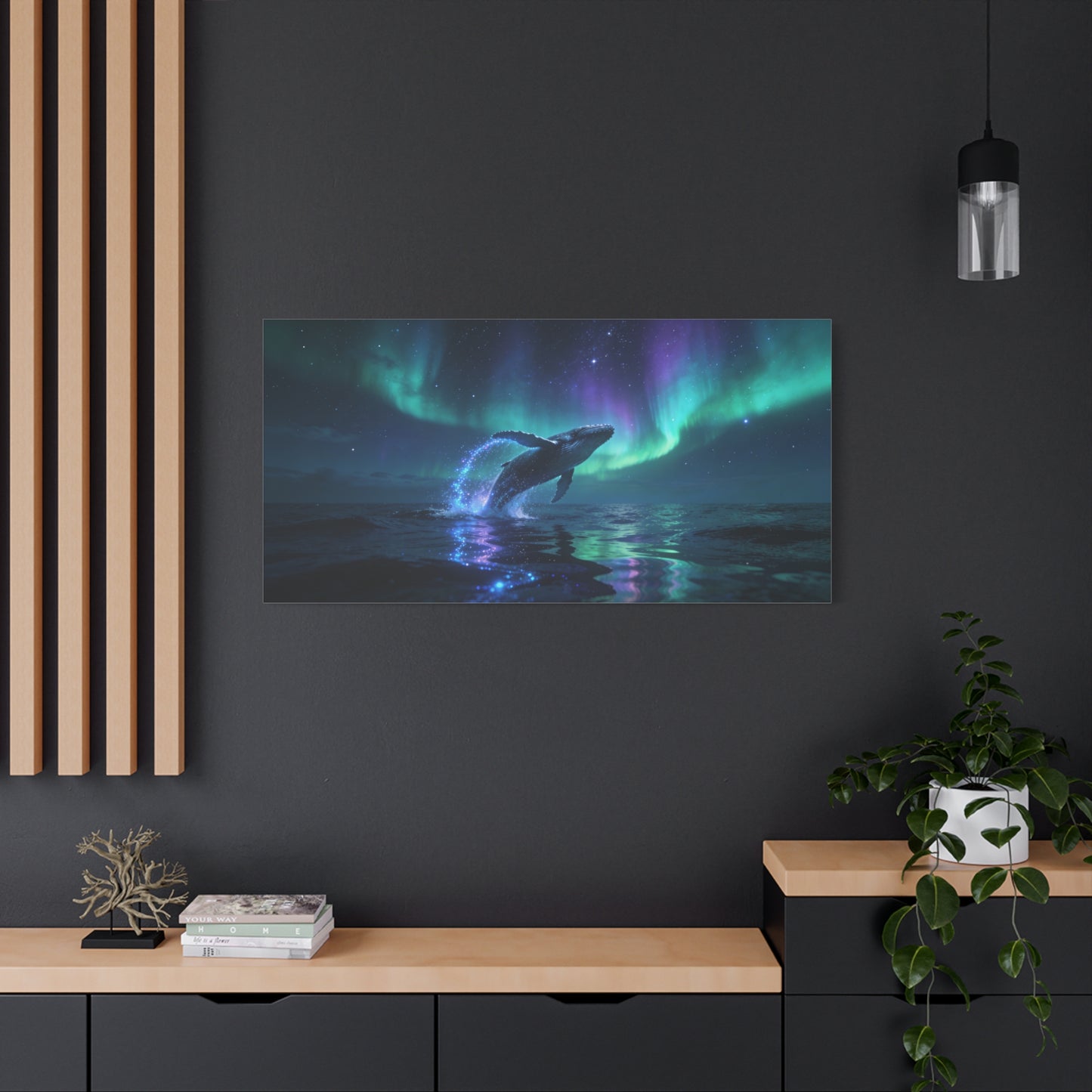 Humpback Whale Canvas Wall Art - Aurora Borealis Ocean Night Scene, Celestial Wildlife Canvas Print - Contemporary Fantasy Style - Living Room Wall Decor, Bedroom Home Accent - Bedroom Home Decoration