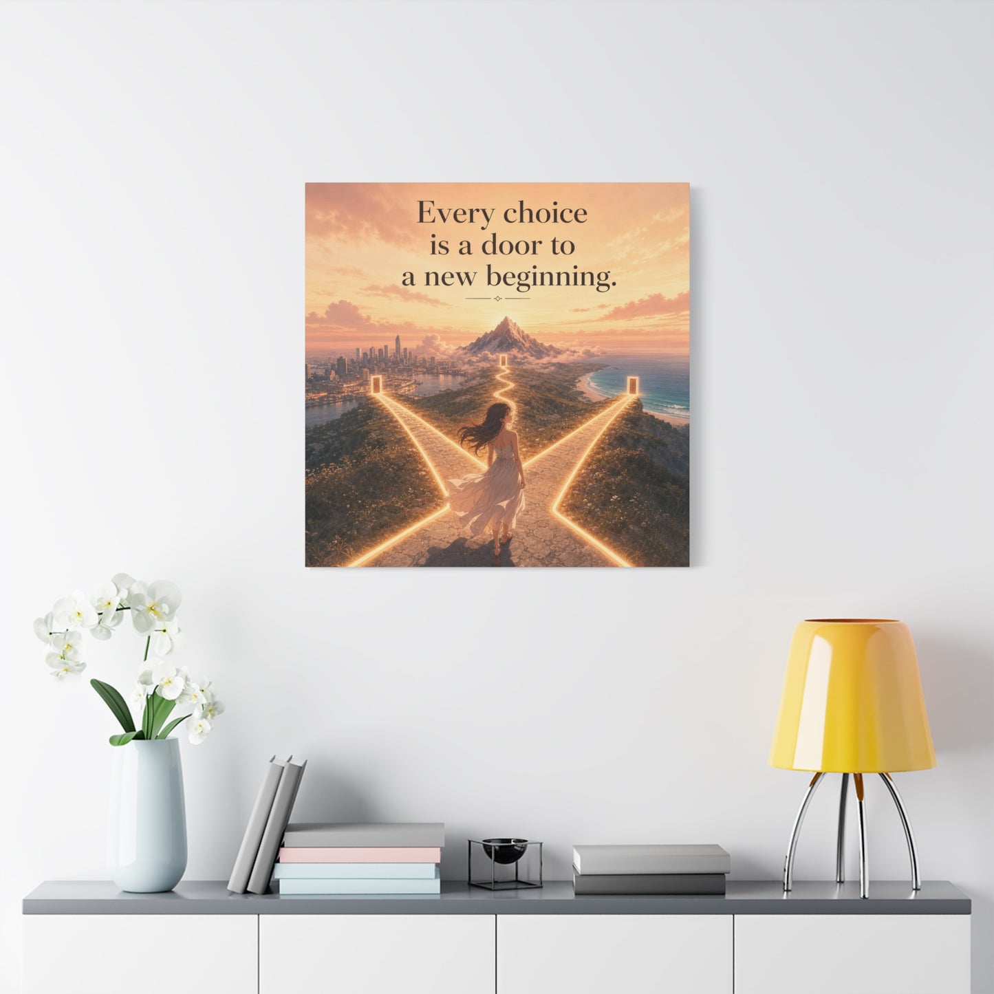 "Every Choice Is A Door To A New Beginning." Inspirational Canvas Wall Art - Woman At Glowing Crossroads Path, Mountain And Coast Dreamscape - Modern Typography Decor For Bedroom Office
