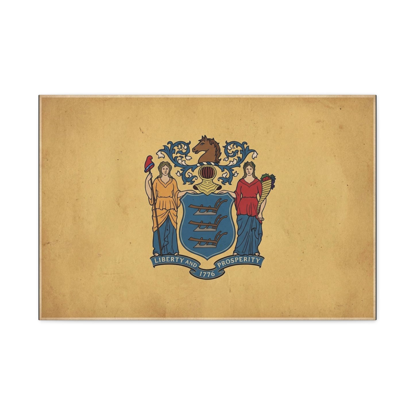 "Liberty And Prosperity 1776" New Jersey State Flag Canvas Wall Art - Vintage Tan Crest Banner Print, Patriotic Heritage Decor - Office Wall Art