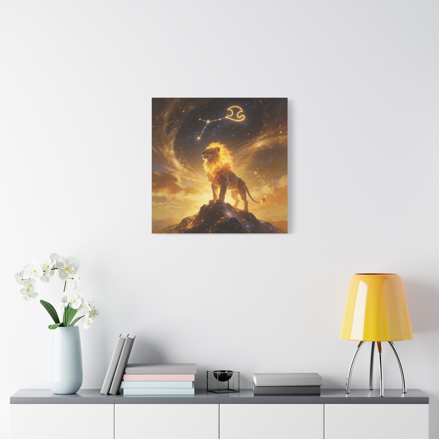 Leo Zodiac Lion Canvas Wall Art - Celestial Astrology Constellation Print, Glowing Gold Cosmic Sky - Fantasy Style, Living Room Wall Decor Bedroom Home Decoration Office Art - Bedroom Home Decoration