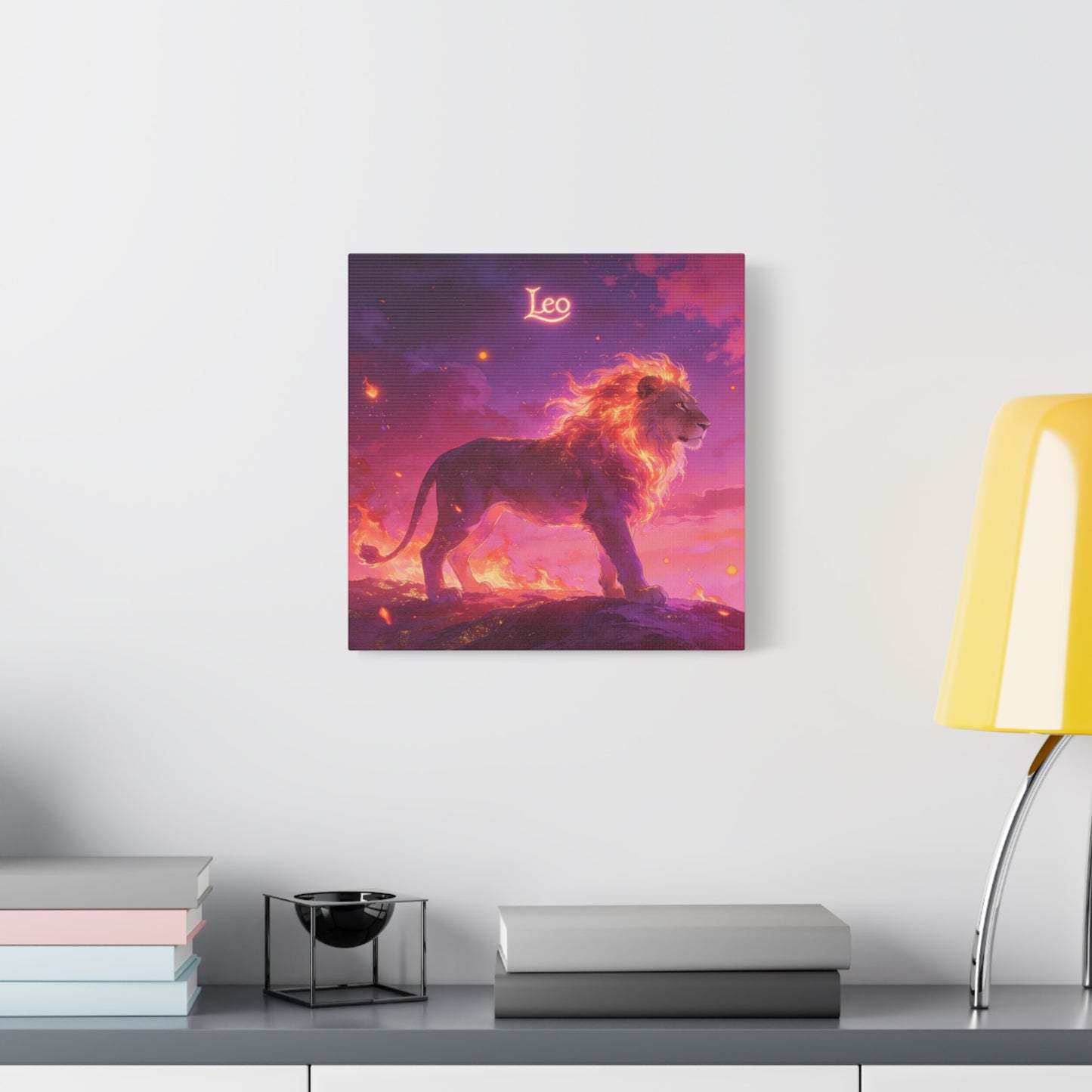 "Leo" Lion Canvas Wall Art - Fiery Zodiac Illustration, Purple Pink Sky, Matte Finish Canvas Print - Modern Astrology Decor, Bedroom Home Decoration, Office Wall Art Accent - Bedroom Home Decoration