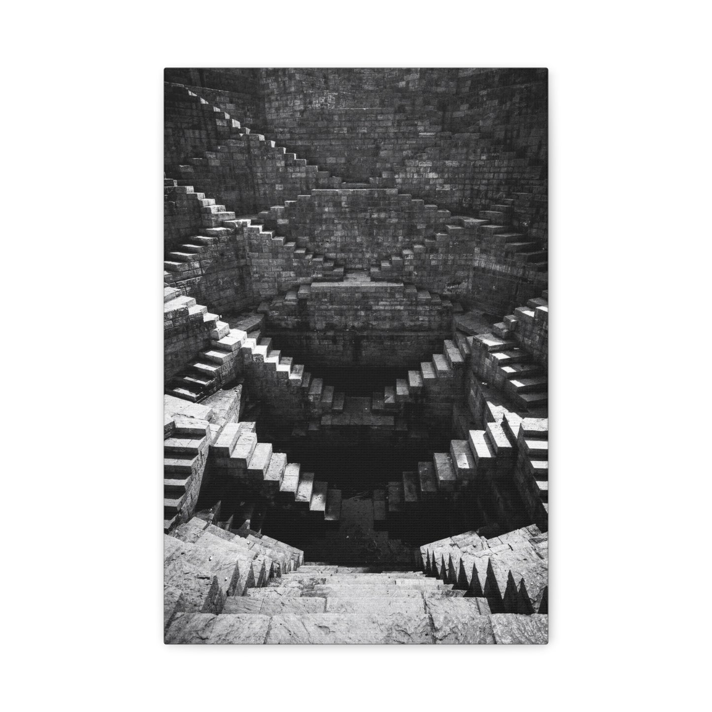 Black And White Stepwell Canvas Wall Art - Architectural Staircase Art Print, Moody Monochrome Stone Geometry - Contemporary Wall Decor For Living Room, Office, Entryway - Ready to Hang