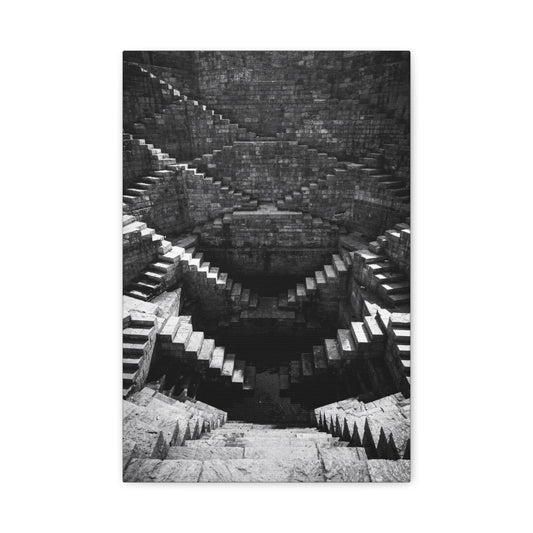 Black And White Stepwell Canvas Wall Art - Architectural Staircase Art Print, Moody Monochrome Stone Geometry - Contemporary Wall Decor For Living Room, Office, Entryway - Ready to Hang