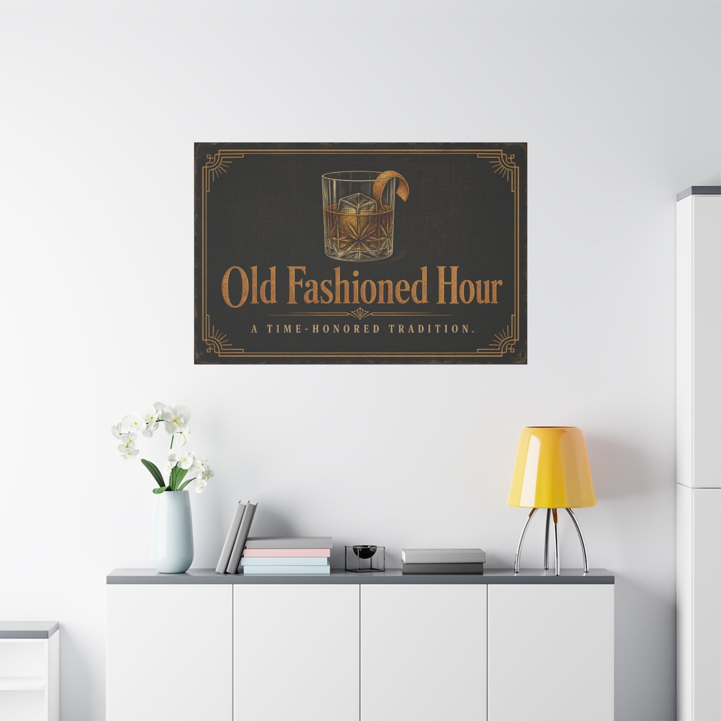"Old Fashioned Hour" Canvas Wall Art - Vintage Whiskey Glass Quote Print, Art Deco Bar Cart Decor - Matte Cotton Wall Hanging - Speakeasy Lounge Style, Home Bar - Ready to Hang - Cocktail Lounge Decor