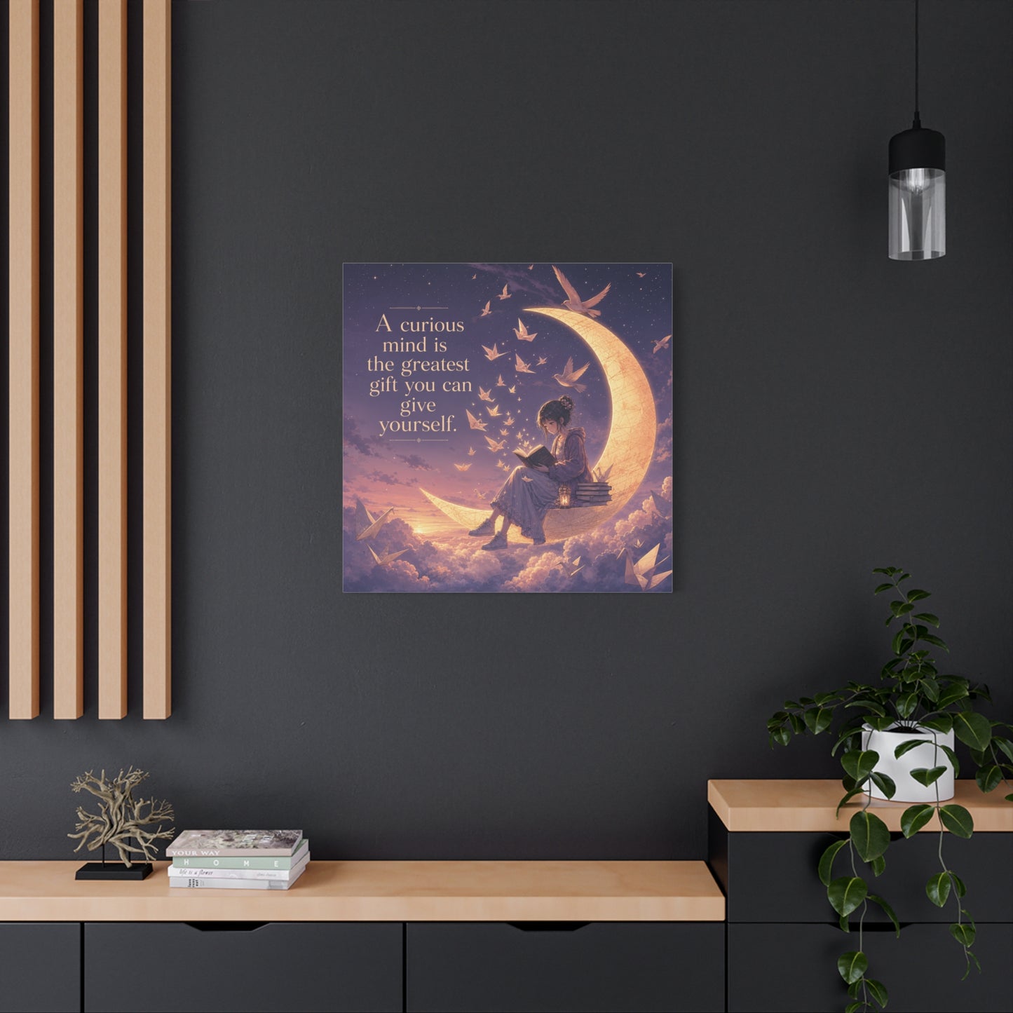 "A Curious Mind Is The Greatest You Can Give Yourself" Canvas Wall Art - Moon Reading Girl Quote Print, Dreamy Celestial Illustration - Bedroom Wall Decor, Home Office Accent - Ready to Hang