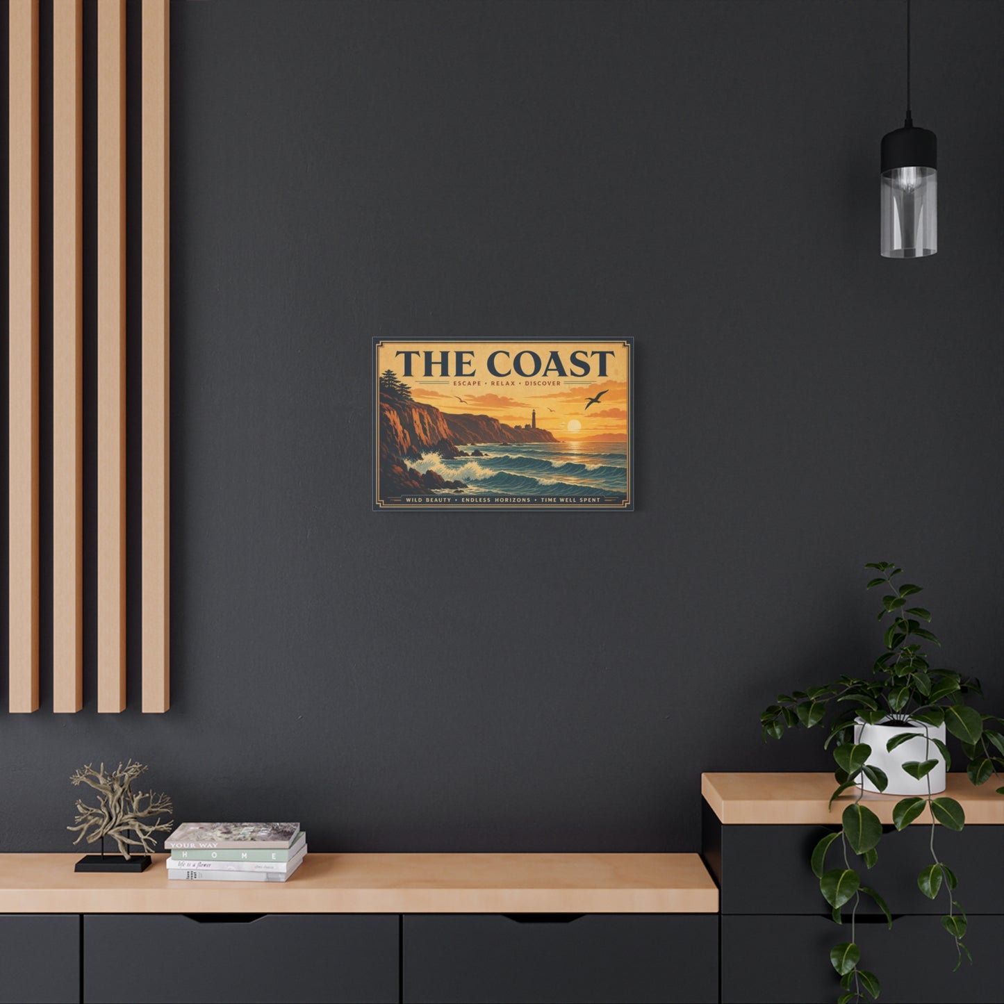 "The Coast" Coastal Canvas Wall Art - Vintage Lighthouse Sunset Ocean Waves Print - Retro Seascape Home Decor, Nautical Living Room Wall Decor - Modern Farmhouse Style - Bedroom Home Decoration
